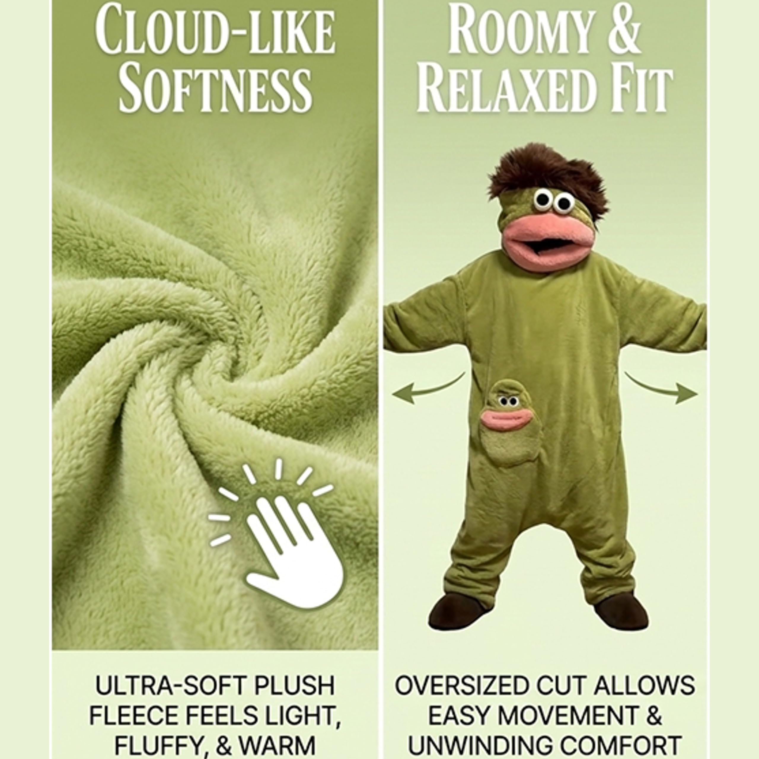 Silly Wearable Onesie Fleece Pajamas for Adults Große Kinder, Goofy Onesie Loose Warm Soft Lustiger Grüner Monster Cozy Full Body Sleepwear with Hood and Pockets, Ohne Schuhe