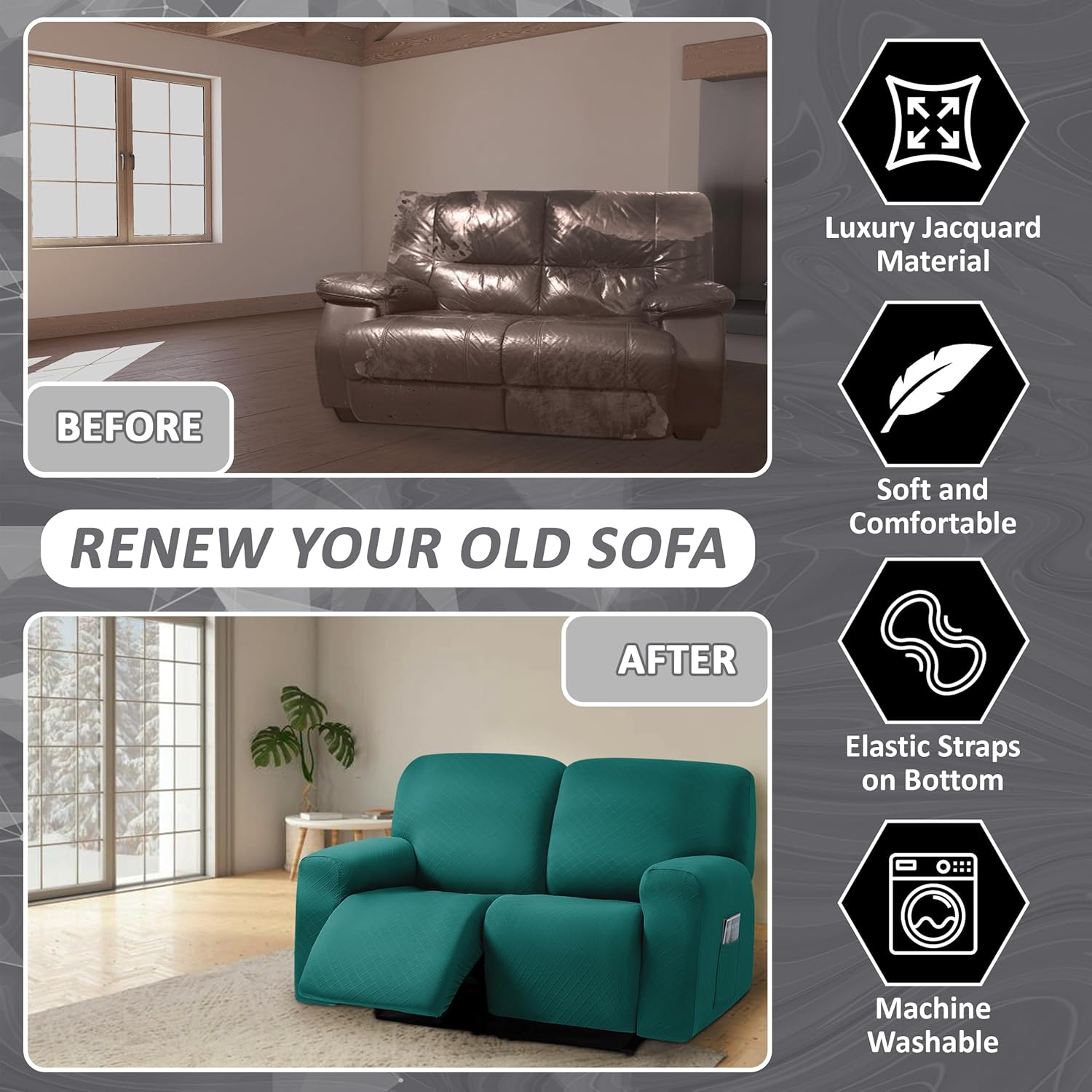ULTICOR Squared Jacquard Design, Reclining Loveseat Slipcover, 48" - 65" L, 2 seat 6-Piece Loveseat Recliner Cover,Loveseat Reclining Sofa Cover, Washable (Loveseat Recliner Cover, Deep Teal)