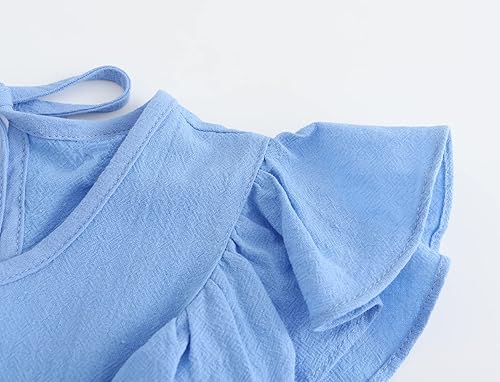 Vista 3 de Vestido de lino de algodón con mangas con volantes para niñas pequeñas, sin mangas, vestido de lazo en la espalda, vestido casual de verano