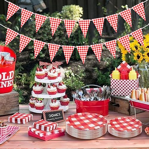 Miniatura 7 de 2 pancartas a cuadros rojos y blancos, pancarta de doble cara para barbacoa, picnic, baby shower, fiesta de cumpleaños, suministros de decoración