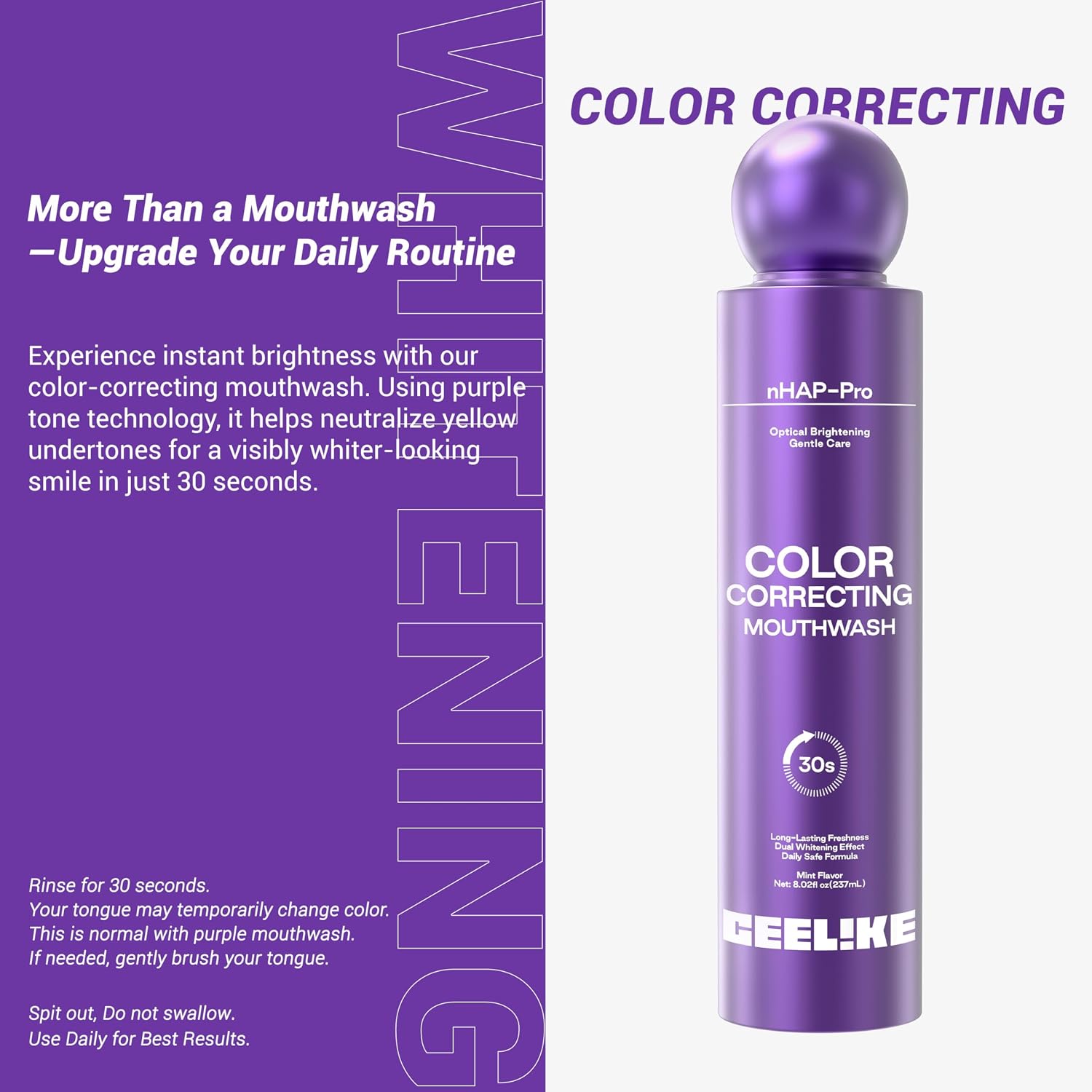 Purple Color Correcting Mouthwash, 30s Instant Optical Teeth Brightening, Neutralizes Yellow Tones, Alcohol Free Gentle Formula with nHAP-Pap-CPC, Long Lasting Mint Fresh Breath