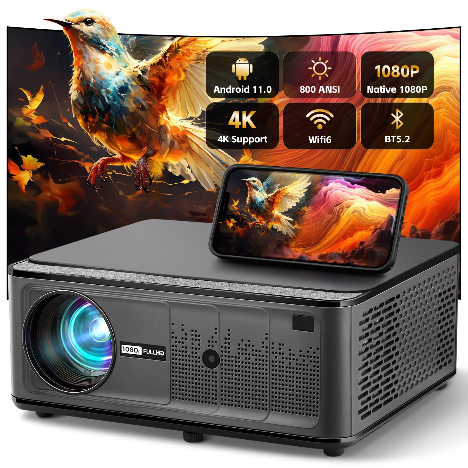 Built-in Apps]Mini Projector 1080P, 4K Projector Full HD With WIFI 6 And Bluetooth 5.2, Support 270° Rotatable Portable Projector With Auto Keystone Correction,Compatible With Phone/HDMI/USB-White