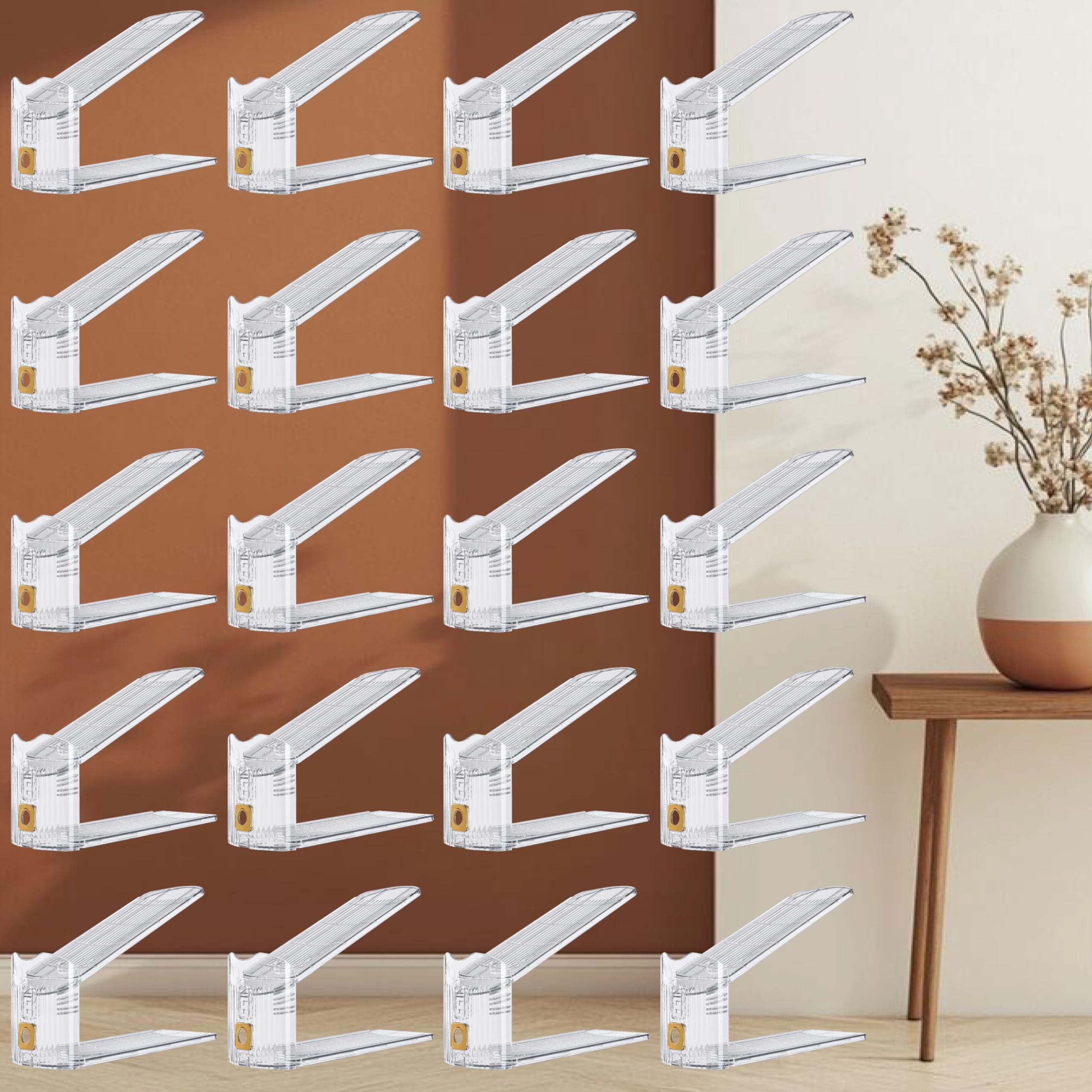 Shoe Slots Organizer 20 Pack - Shoe Stackers, 3 Levels Adjustable, Space Savers 50%, Double Layer Holders for Closet (Transparent Gold), Organizador de Zapatos