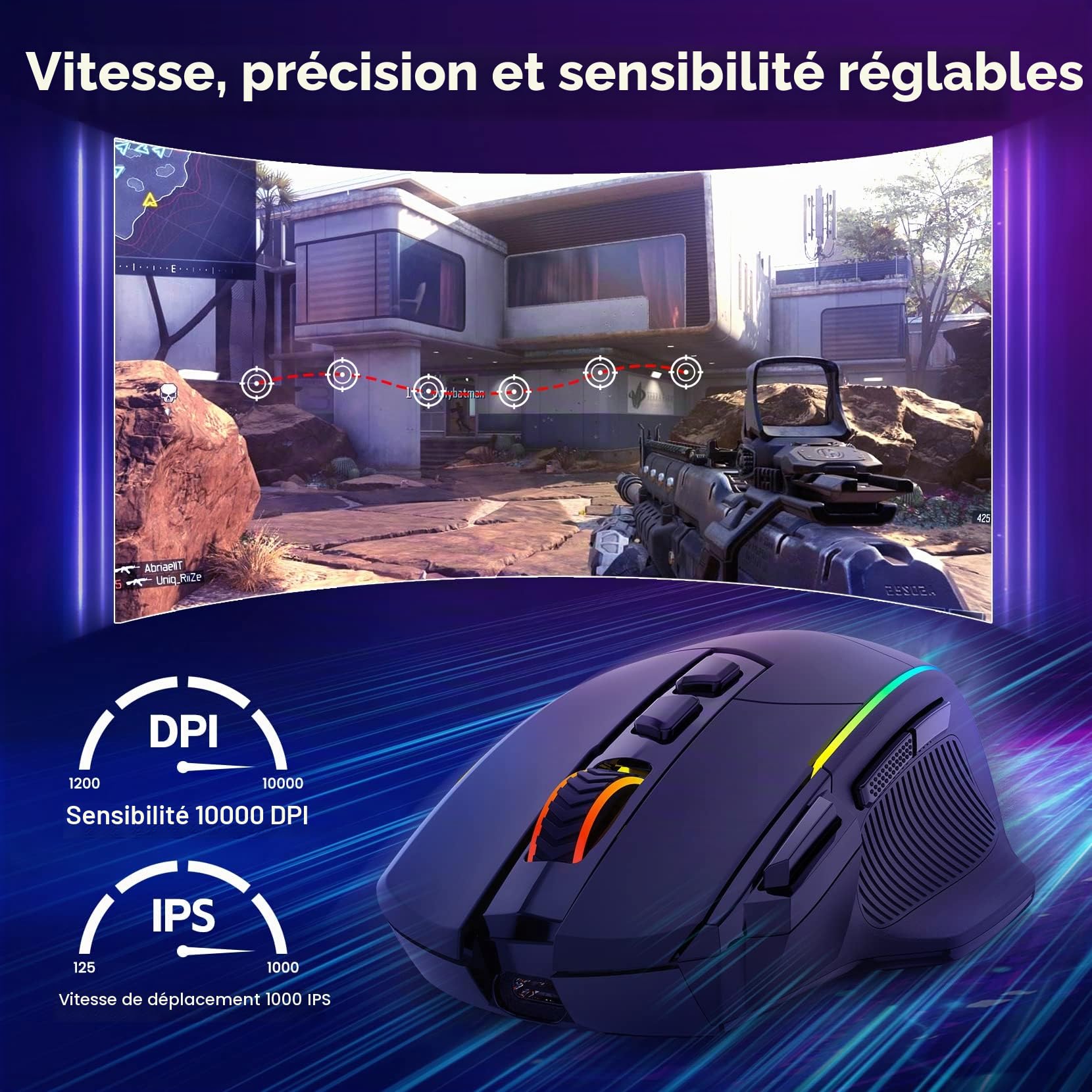 RisoPhy Souris Gamer sans Fil, Tri-Mode 2.4 G/USB-C/Bluetooth,10 000 PPP, RVB, Ergonomique, 8 Boutons Programmables,Souris Gaming de Rechargeable,PC/Mac - Noire