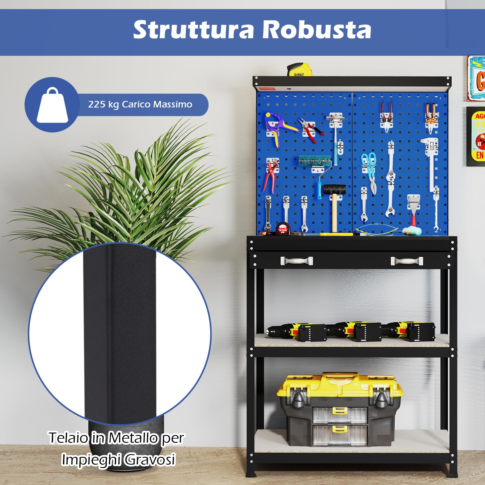 GYMAX Banco da Lavoro 81 x 41 CM con Pannello, Tavolo da Lavoro con 20 Ganci per Attrezzi, Cassetto e Ripiani Aperti, Stazione di Lavoro Pesante da 225 KG per Garage, Officina, Magazzino e Casa (Blu)