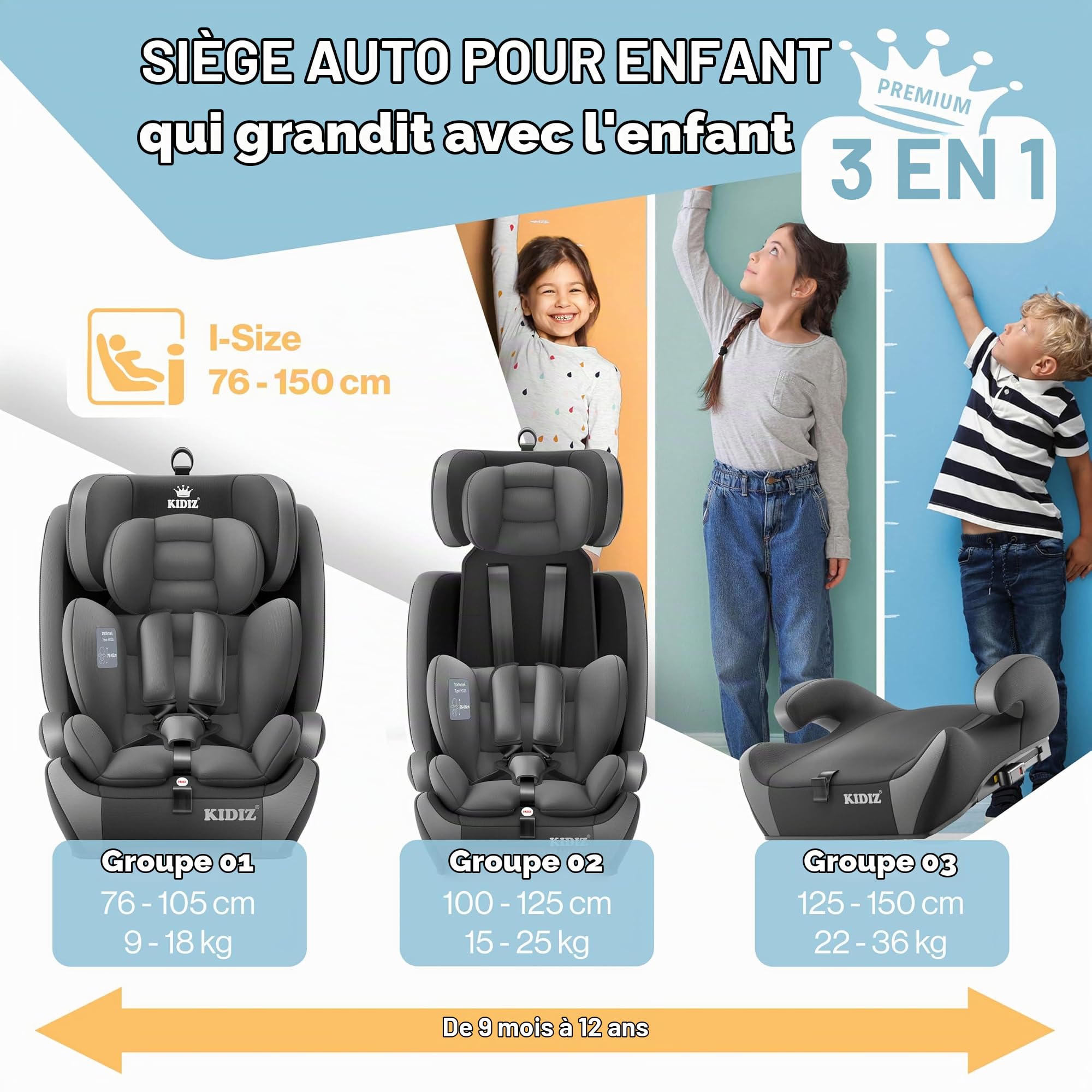 KIDIZ® Siège auto pour enfant avec Isofix i-Size R129 de 100 à 150 cm jusqu'à 12 ans, groupe 1/2/3, siège auto grandit, harnais 5 points et appuie-tête réglable en hauteur, gris