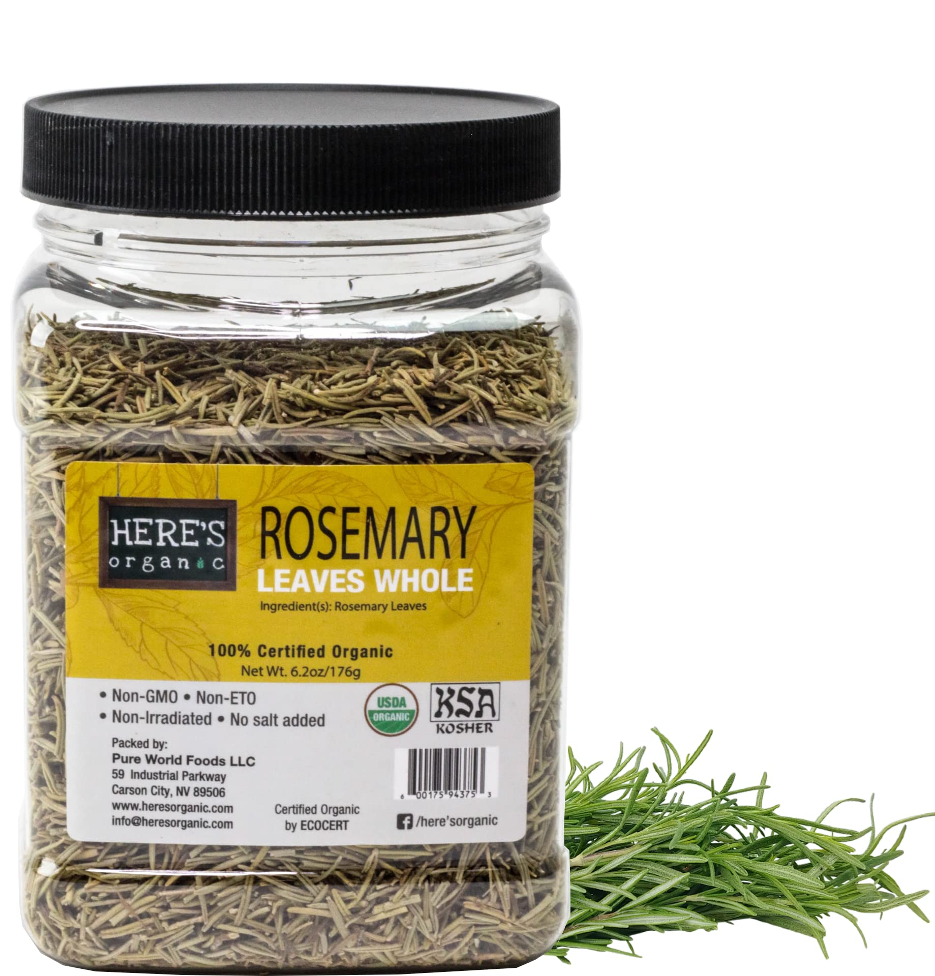 Here's Organic Dried Rosemary Leaves - USDA Certified in wide mouth Jars 6.2oz / 176g (Rosemary Leaves, 6.2oz)