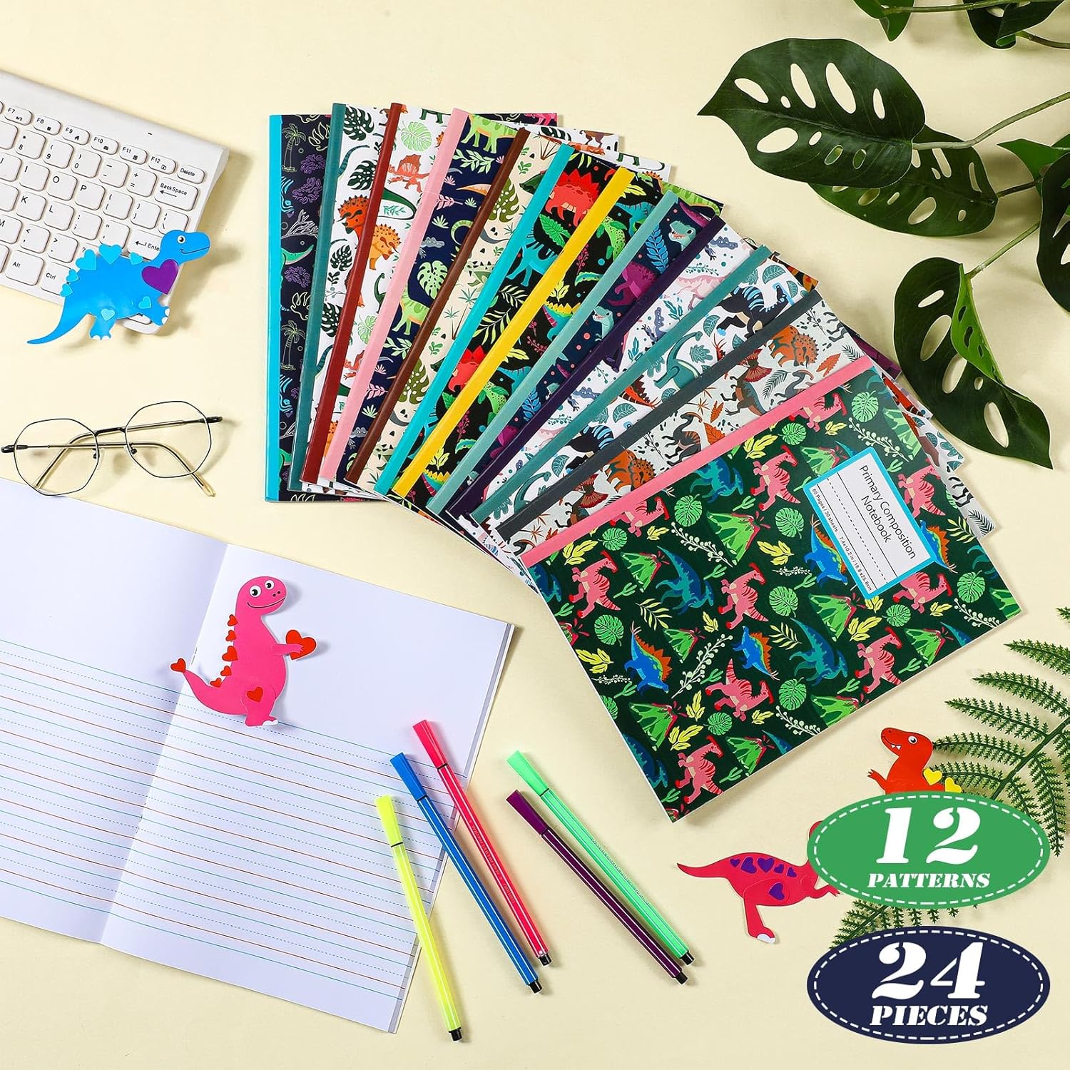 24Pcs Primary Composition Notebook K-2 Dinosaur Primary Writing Journal 7.4x10.2in Kindergarten Blank Book for Kid Boy to Write Story 60 Page Preschool Draw and Write Journal Supply