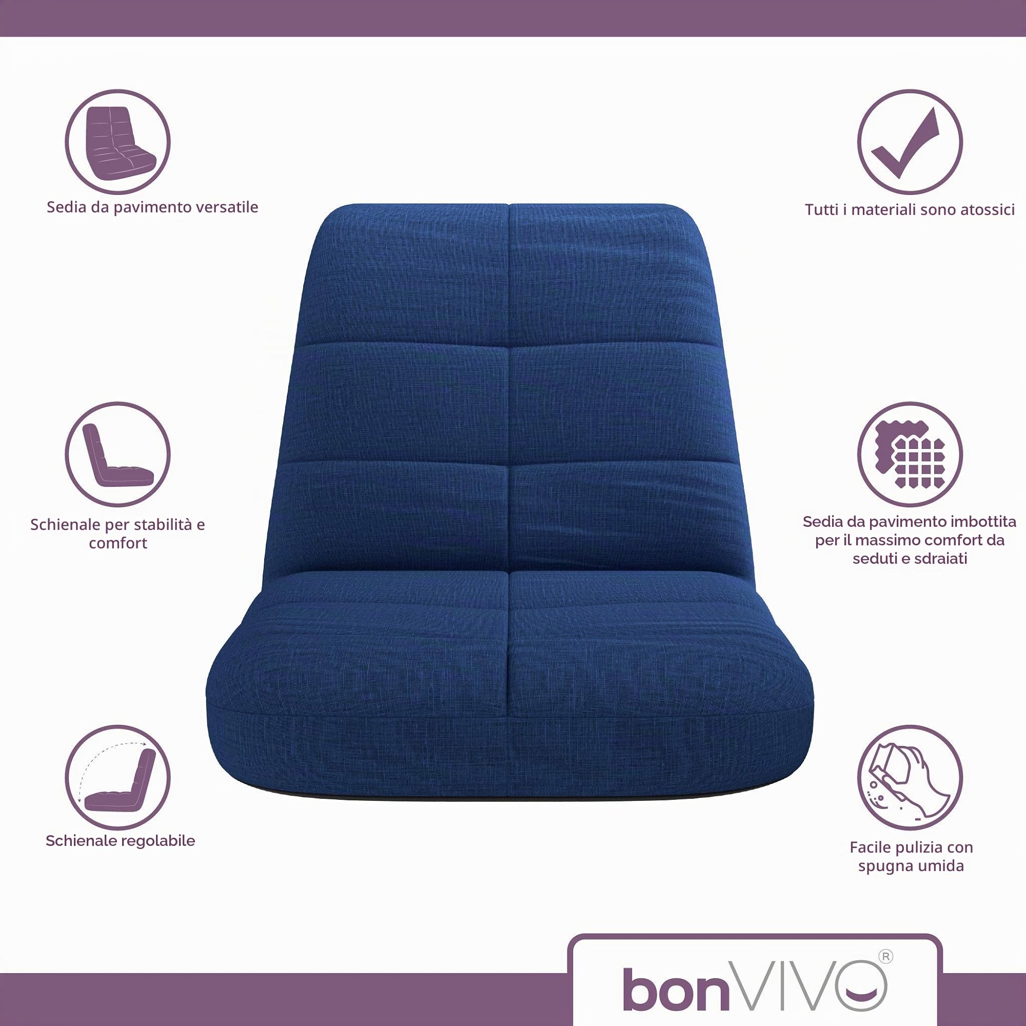 bonVIVO Easy Lounge Sedia da Terra Pieghevole Reclinabile | Poltrona imbottita con schienale regolabile per meditazione, yoga, lettura e relax. Design portatile per casa.