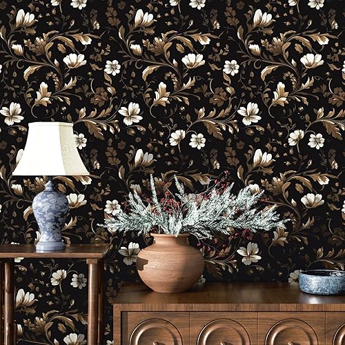 Miniatura 8 de Papel tapiz vintage para despegar y pegar, papel tapiz floral negro y blanco, papel de contacto con hojas vintage, impermeable, autoadhesivo para
