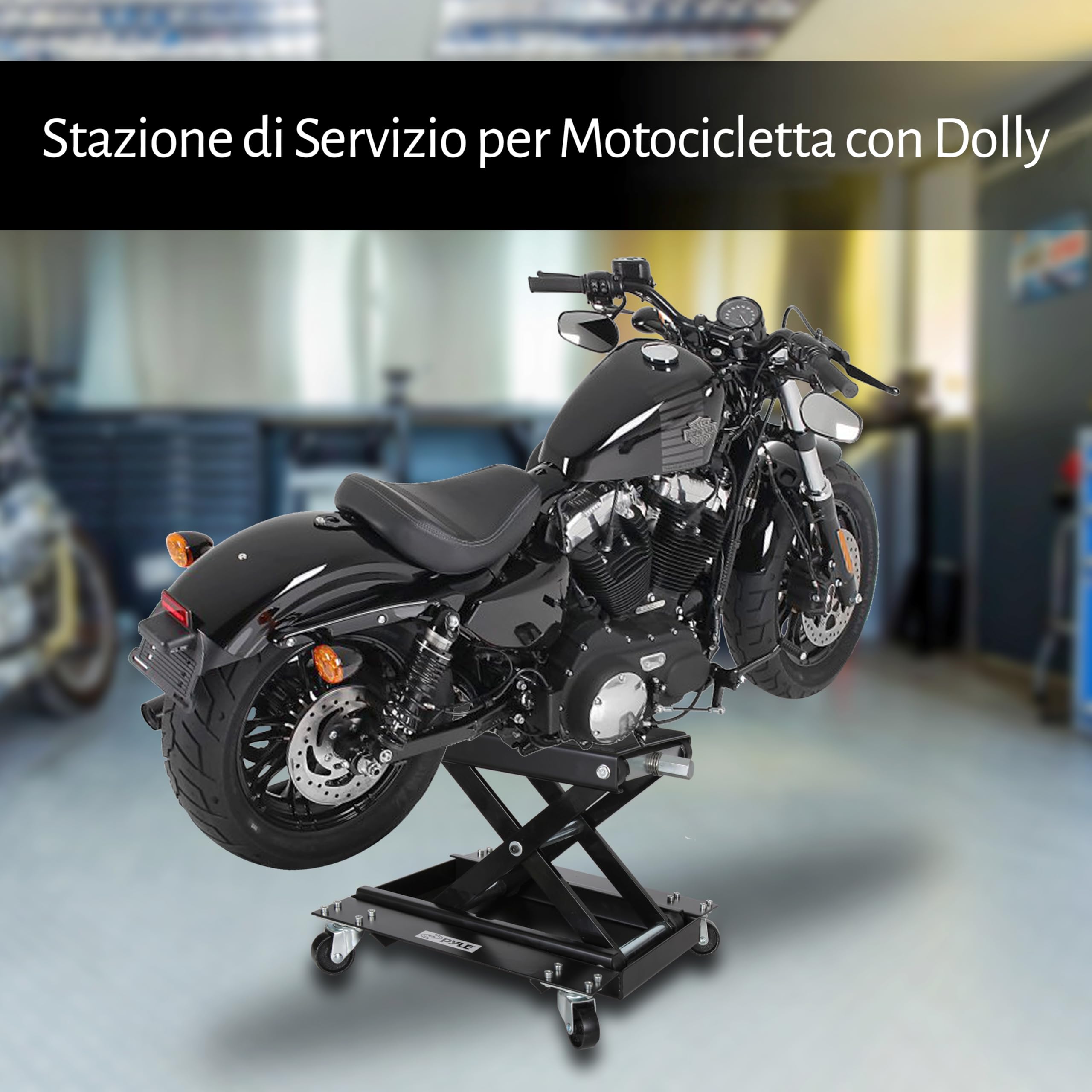 Pyle Sollevatore Moto, Cavalletto Moto in Acciaio Resistente, Capacità 500 kg, Rivestimento Nero, Ruote Girevoli, Pieghevole e Portatile