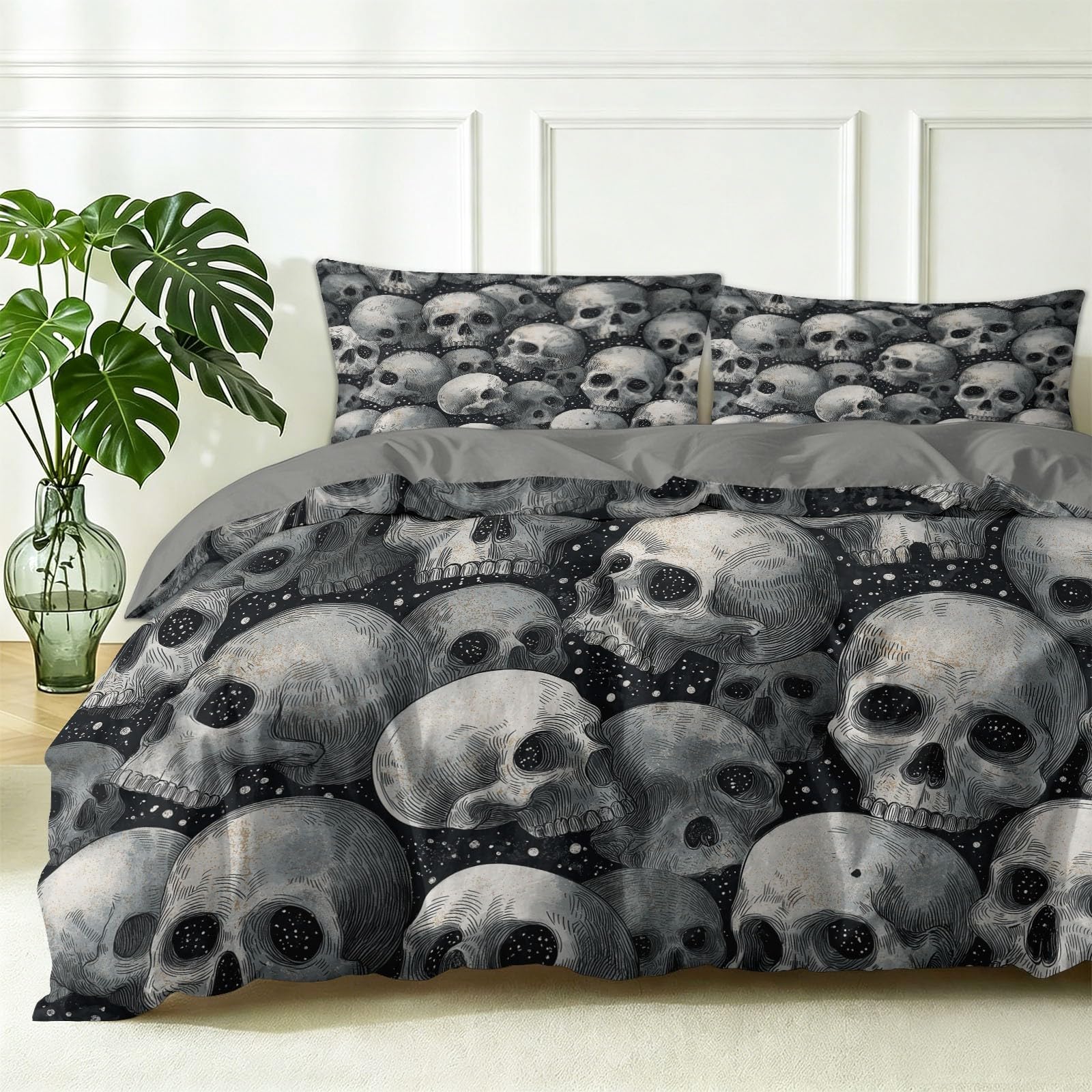 Miękki, lekki zestaw pościeli z mikrofibry, ciemny, tajemniczy, czarna poszewka na kołdrę z motywem czaszki na Halloween, 230 x 220 cm, na wszystkie pory roku, nie wymaga prasowania, z 2 poszewkami na