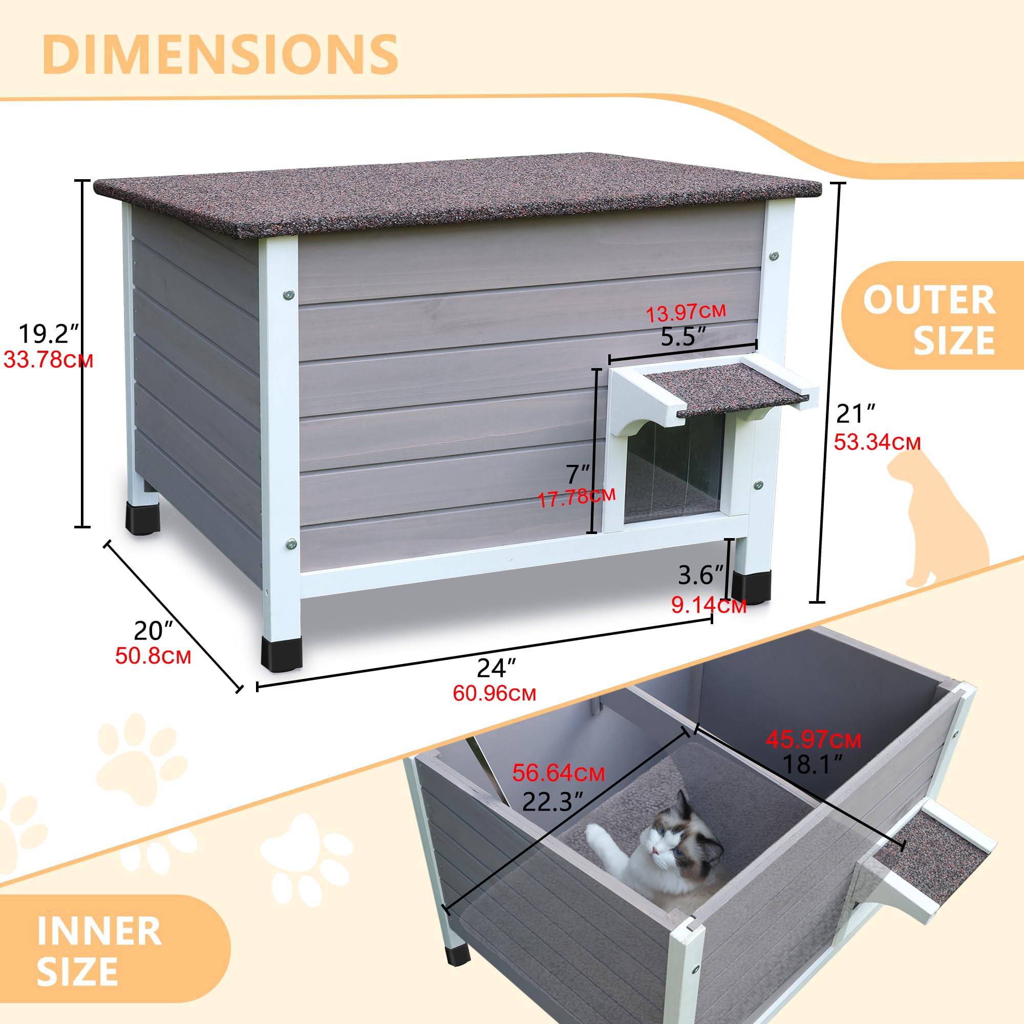 Katzenhaus Outdoor aus Holz, Katzenhaus wetterfest, Katzenhütte für mehrere Katzen, Katzenbox aus Holz für draußen, schaumisolierte Wände, offenes Dach, Türklappen aus PVC, Modern Grau
