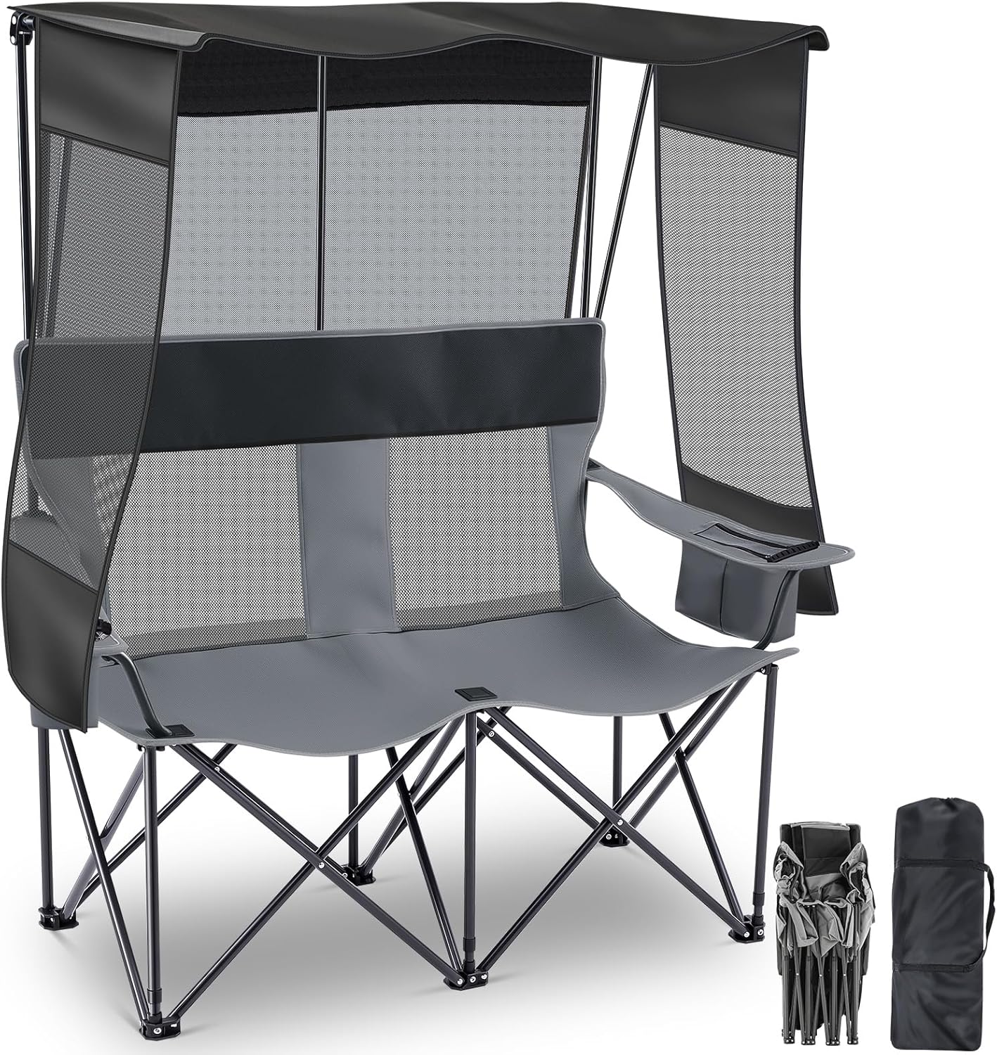 Teenyyou Double Camping Chair with Canopy Shade - 2 Person Beach Loveseat Folding Camp Chair with Cup Holders & Cooler Bag, Portable Heavy Duty Outdoor Seating for Camping, Beach, Sports, Backyard