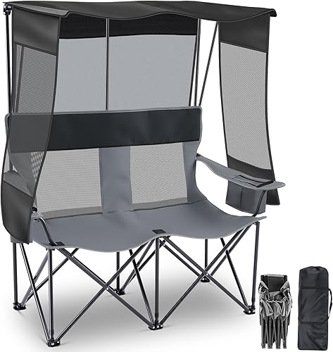 Silla de césped doble para acampar con toldo para 2 personas, regalo de San Valentín, sofá biplaza plegable para deportes al aire libre con soporte