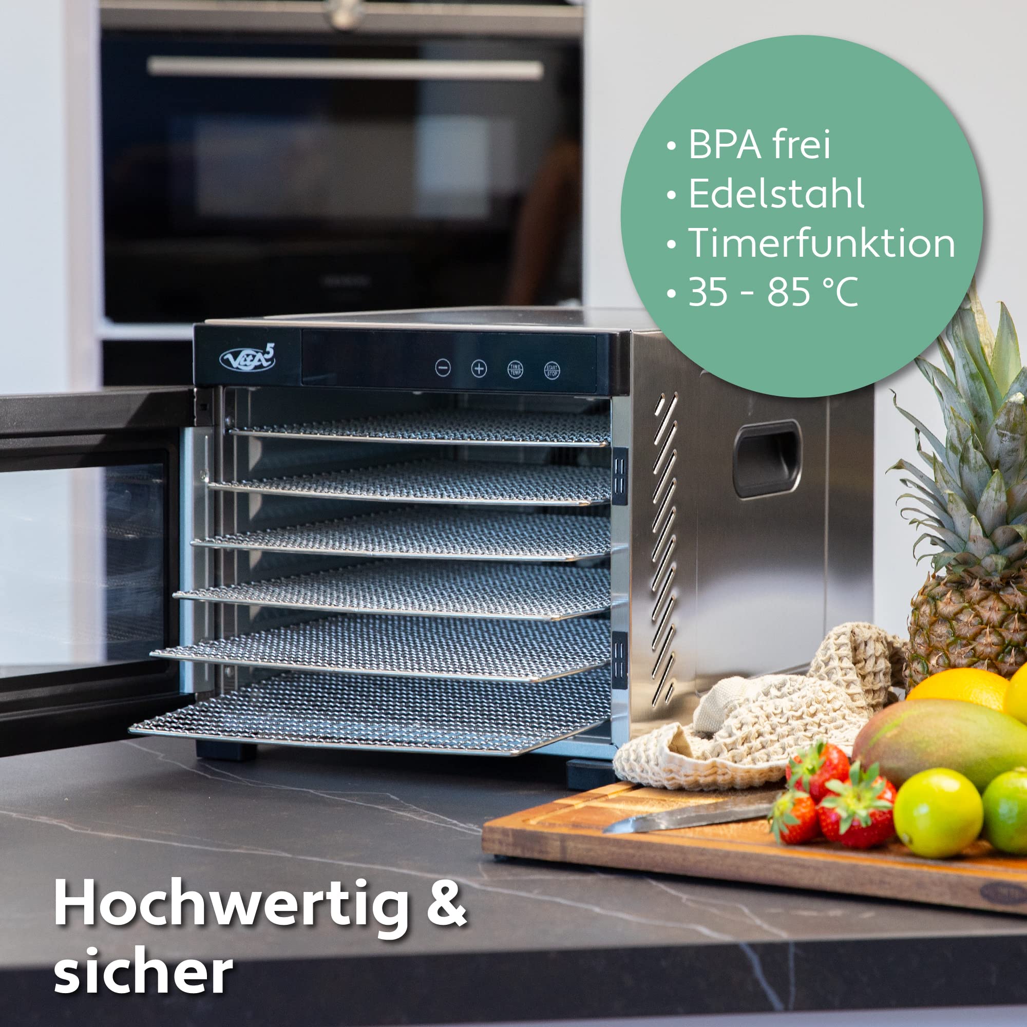 Vita5 Deshidratador de Alimentos con 7 Bandejas de Acero Inoxidable - Deshidratador con Temperatura Regulable 35-75°C - Deshidratadoras de Carne, Setas y Fruta con Timer 24h – 650W Desidratadoras