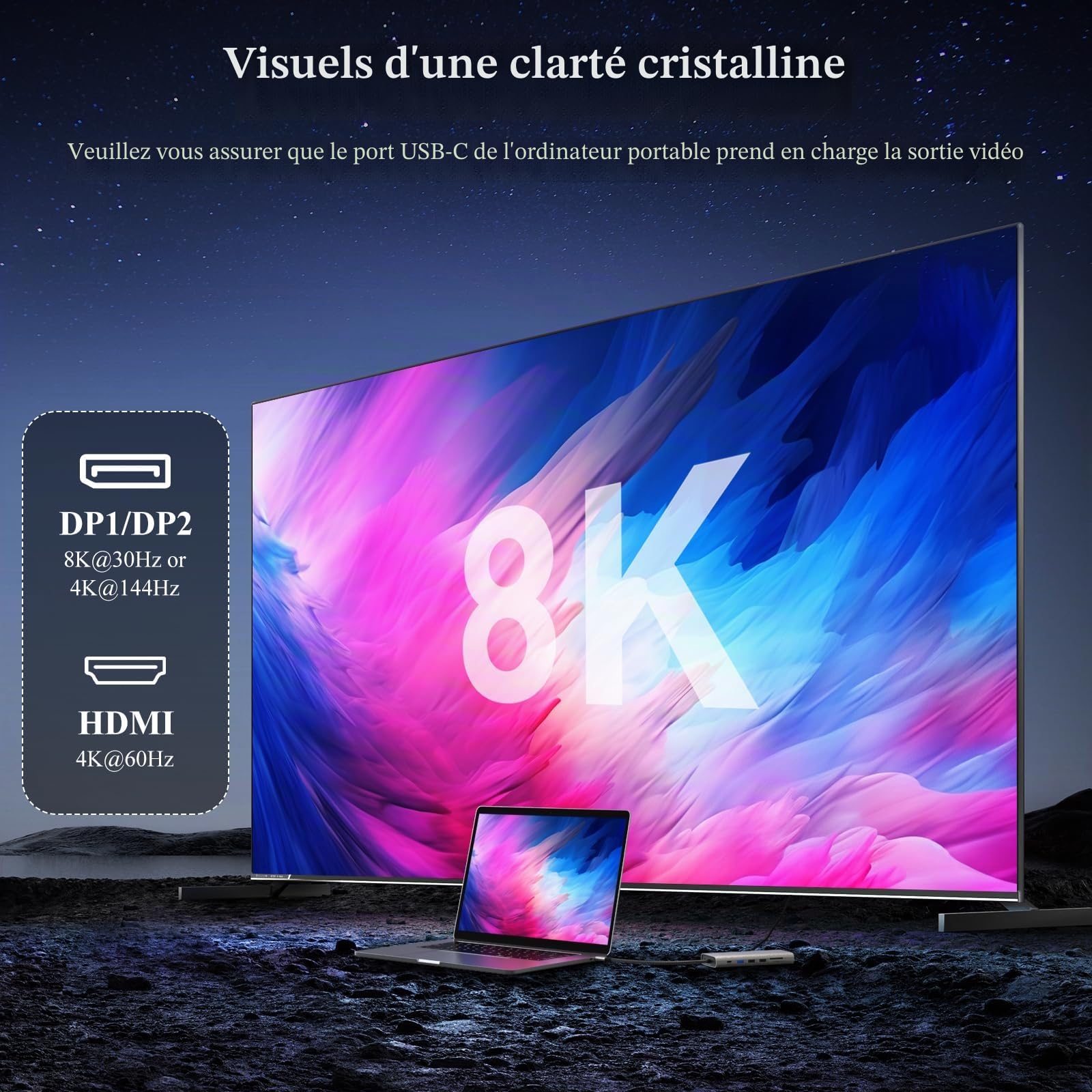Minthouz Station d'accueil USB-C 12-en-1 Triple 4K - Dock avec 8K DP1.4/DP2.0, 4K HDMI, Charge PD 100W, Ports USB3.1/USB2.0, Ethernet 2.5G, Audio et Lecteur SD/TF pour MacBook/Dell/HP/Lenovo