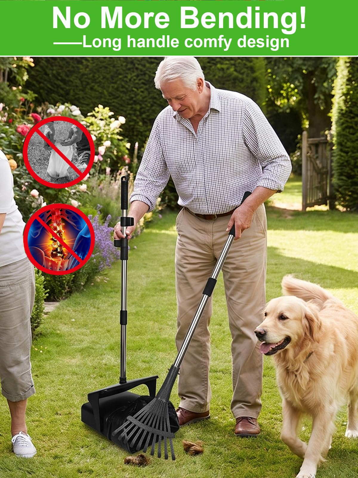 Long Manche Pelle à Déjections Canines et Râteau & Collecteur Pivotante | Acier inoxydable, Sans se baisser, Anti-odeurs, 50 sacs inclus, Pour jardin, cour et promenade quotidienne, Facile à Nettoye