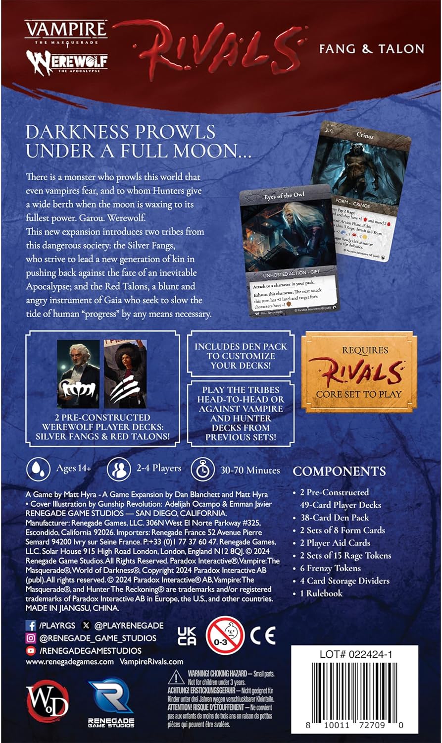 Renegade Game Studios Vampire Masquerade Rivals Werewolf: Fang & Talon Expandable Card Game