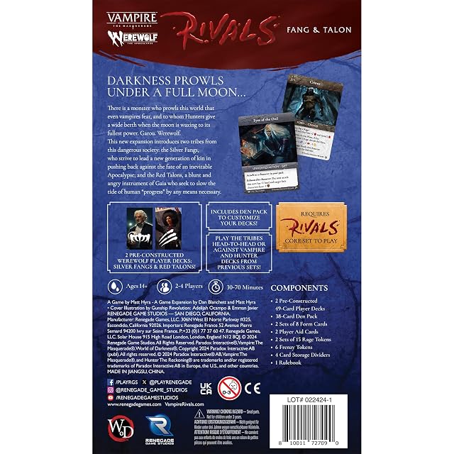 Foto 2 de 6 de Renegade Game Studios: Vampire: The Masquerade Rivals Juego de cartas expandible: Hombre lobo: colmillo…