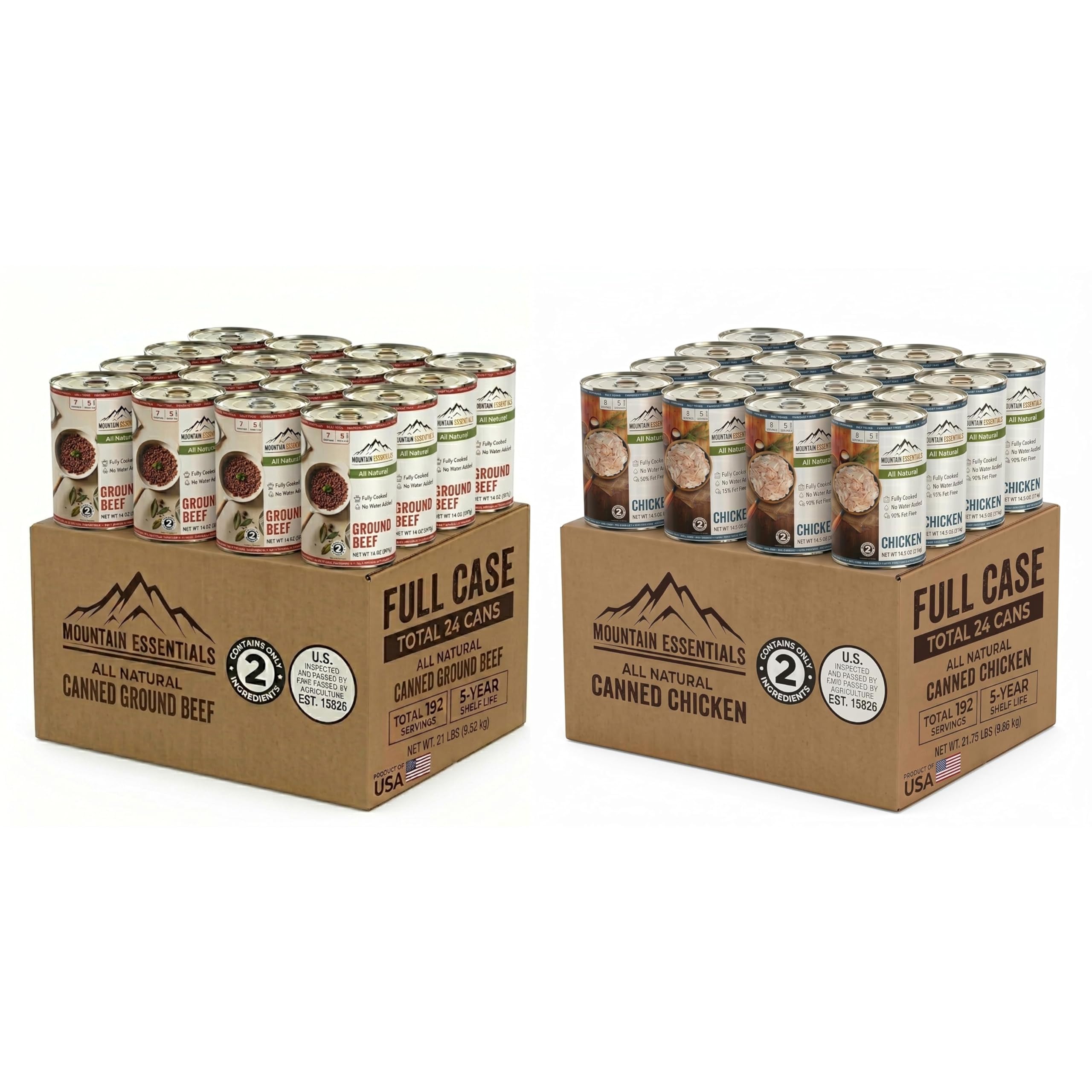 Mountain Essentials Ready-to-Eat Meat Variety Bundle – 14 oz Ground Beef & 14.5 oz Chicken (24 Cans Each, 48 Total Cans) – Fully Cooked High Protein Pantry Staples, Emergency Food Supply, Made in USA