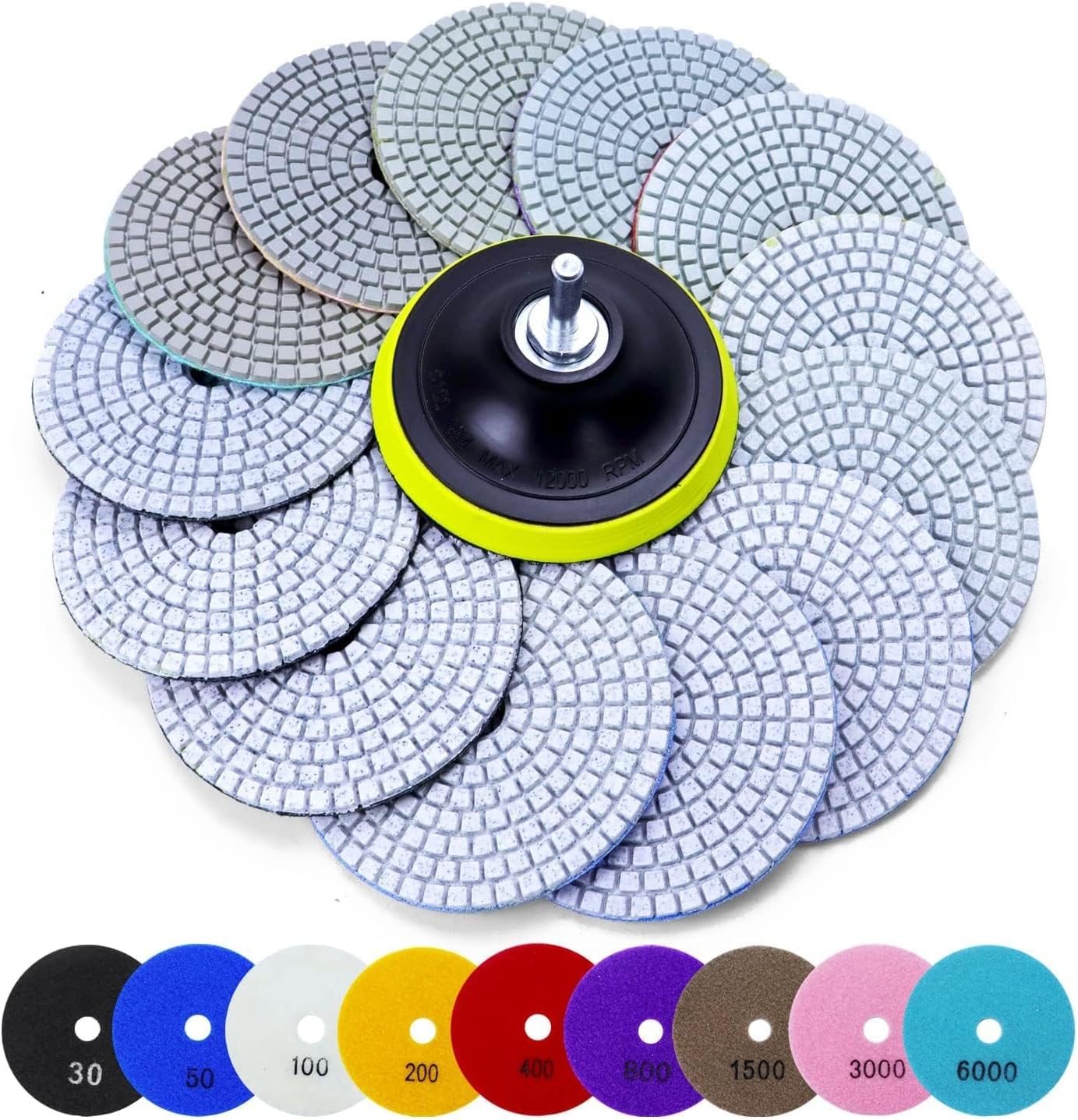 16PCS Wet Dry Diamond Polishing Pad Kit, 4 Inch Diamond Sanding Pad 30-6000 Grit with 5/8''-11 Thread Backer Plate for Concrete Marble Quartz Granite Countertop Stone & Tile Polishing