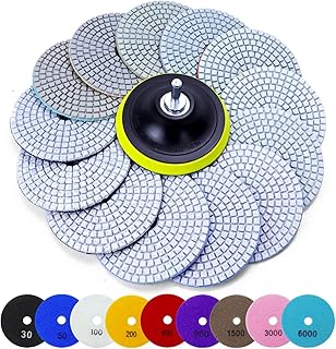 16PCS Wet Dry Diamond Polishing Pad Kit, 4 Inch Diamond Sanding Pad 30-6000 Grit with 5/8''-11 Thread Backer Plate for Concrete Marble Quartz Granite Countertop Stone & Tile Polishing