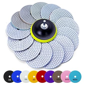 Wet Dry Diamond Polishing Pad Kit, 4 Inch Diamond Sanding Pads 30-6000 Grit, 5/8 Inch-11 Thread Backer Plate for Concrete Marble Quartz Granite Countertop Stone & Tile Polishing 16pcs