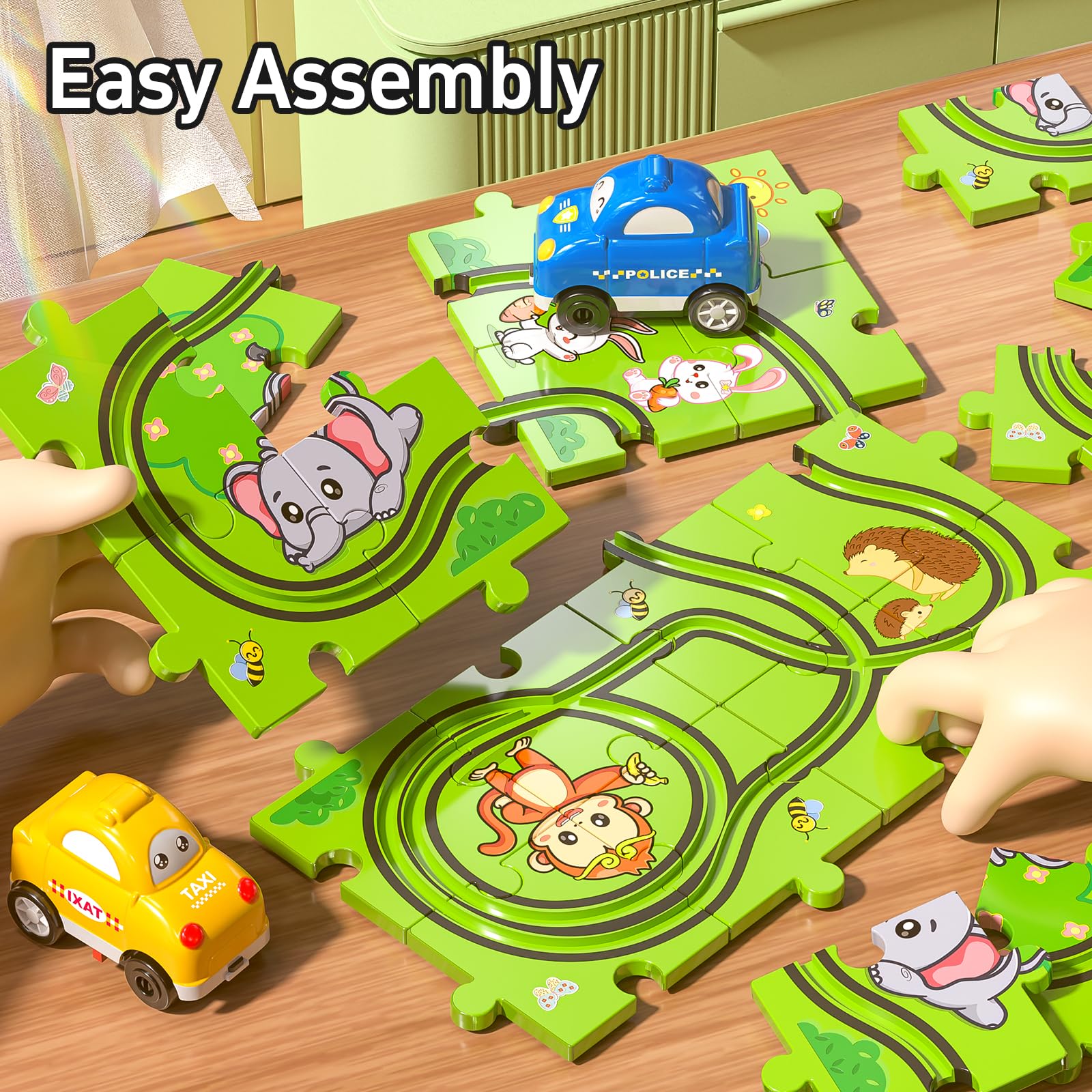 JUKUDAHU 64-teiliges Puzzle Bahnen für Kinder 3-6 Jahre | DIY Auto Rennbahn, 3 Rutsche-Autos, Tier-Thema, Geburtstagsgeschenk für Jungen Mädchen Kleinkinder 5-8 Jahre