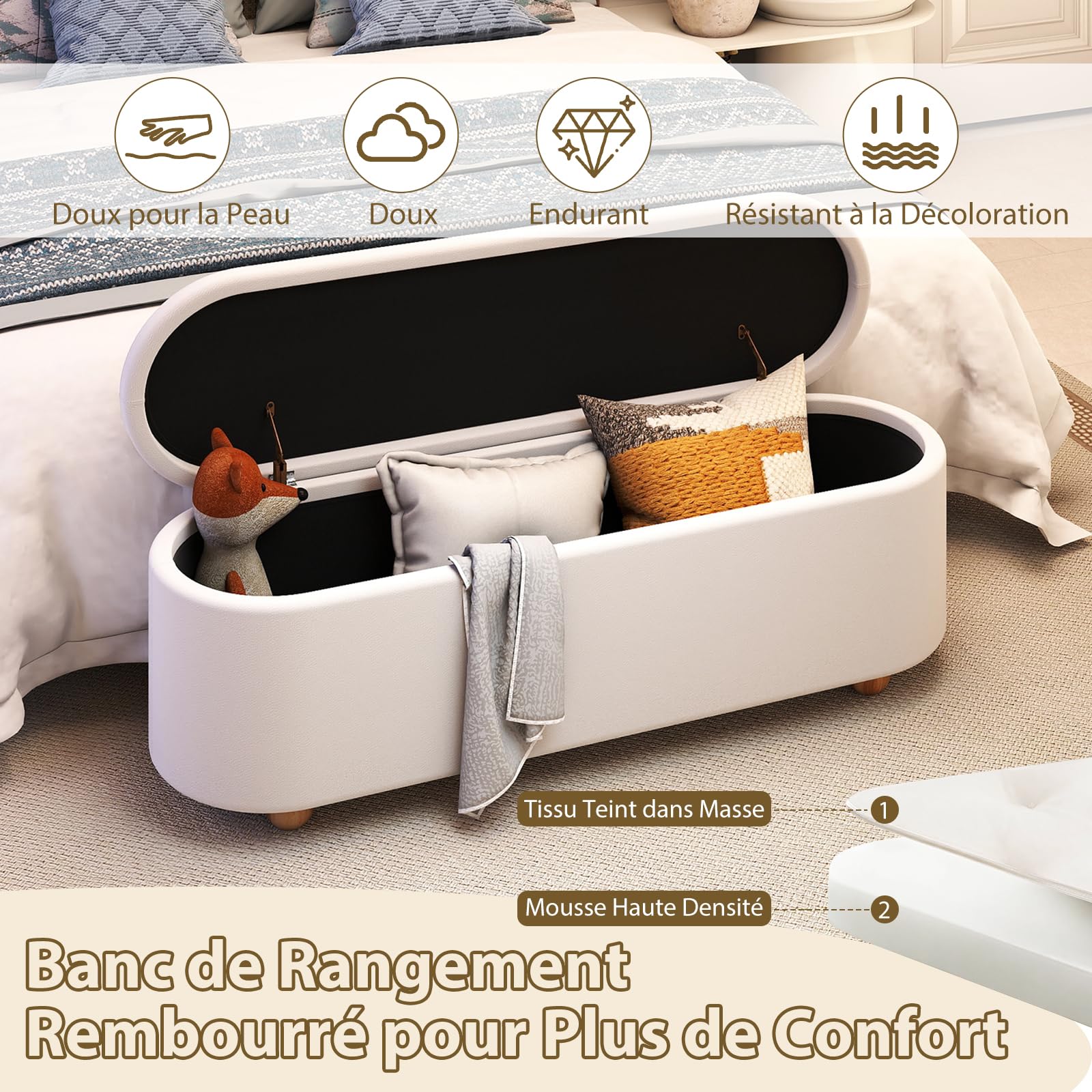 COSTWAY Banc de Rangement 150 L, Pieds en Bois d'Hévéa, Banc Bout de Lit, Patins Antidérapants, Banquette Coffre pour Chambre Salon Entrée, Charge 300 kg, 139 x 40,5 x 48,5 cm, Blanc