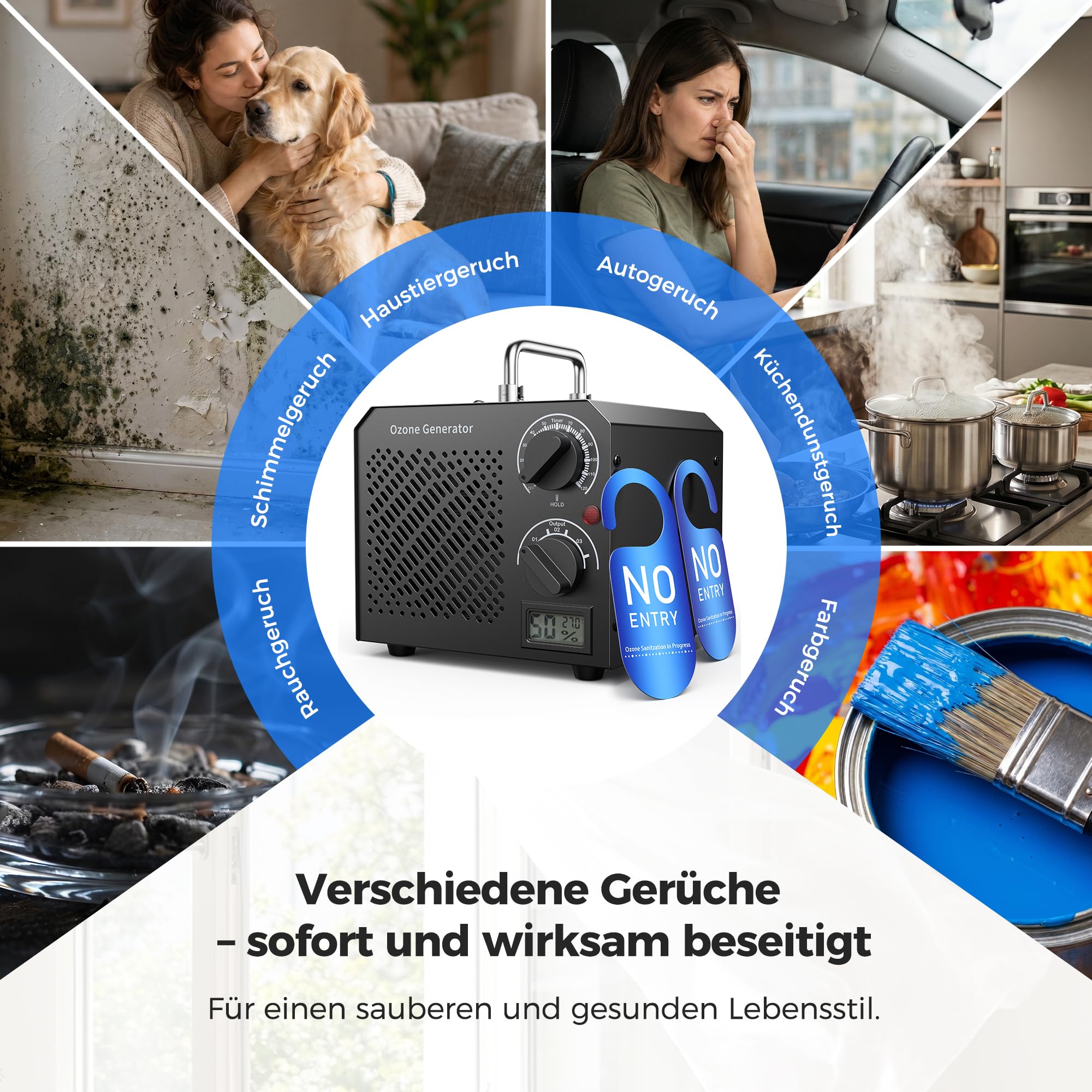 Mowend Generatore di ozono, 75000 mg/h, purificatore d'aria O3, con timer da 120 minuti per 300 m², emissione di ozono, 3 livelli regolabili opzionali, per appartamento, garage, stanza, hotel, animali