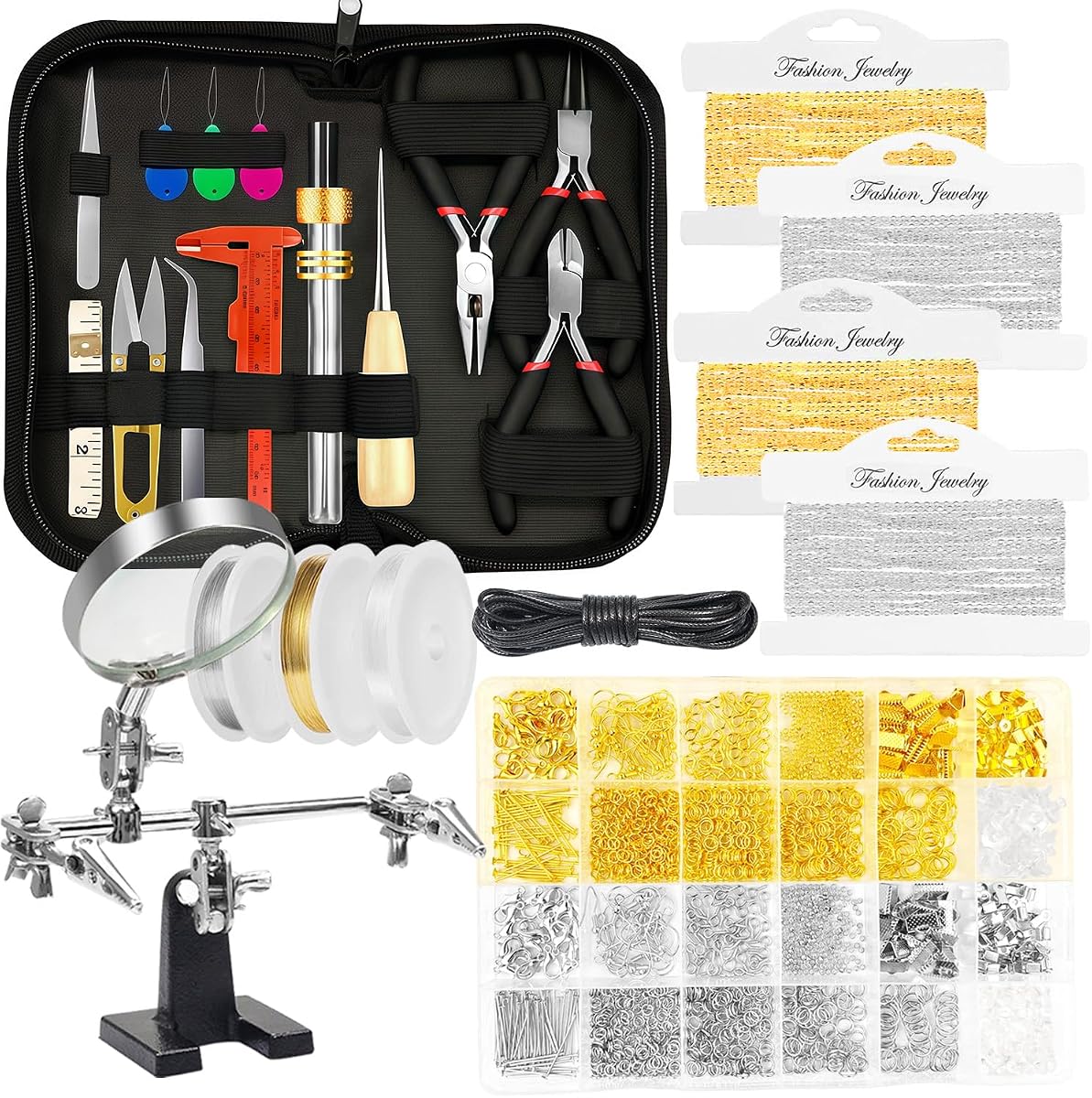 MONVICT Jewelry Making Supplies Kit with Jewelry Making Tools, Findings | Necklace Chain, Jewelry Wires, Adjustable Magnifier, Carry Bag, Meet All the Needs of Jewelry Making, Repair, Beading