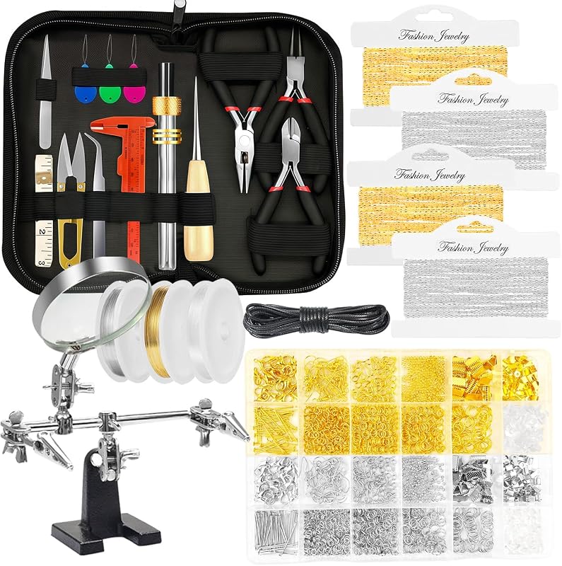 MONVICT Jewelry Making Supplies Kit with Jewelry Making Tools, Findings | Necklace Chain, Jewelry Wires, Adjustable Magnifier, Carry Bag, Meet All the Needs of Jewelry Making, Repair, Beading
