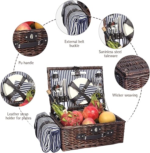 Miniatura 3 de Cesta de picnic de mimbre para 4 personas con manta de picnic impermeable y enfriador aislante, cesta de sauce para camping, al aire libre, sesión