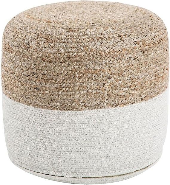 Boho Knitted Round Pouffe Ottoman Jute Cotton 46 x 48 cm White Dalama