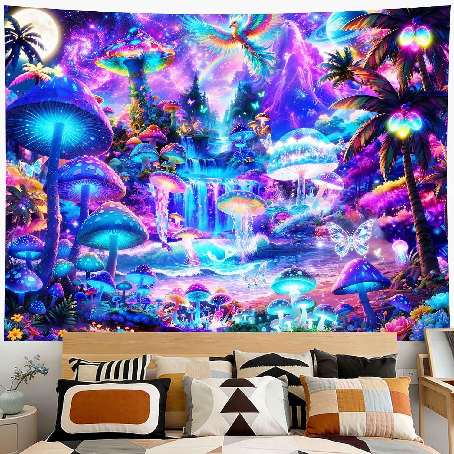 SHRAPHY Blue Ocean Mushroom Tapestry,Jellyfish Waterfall Crystal Butterfly，Plants Landscape Wall Artistic,Tropical Flower Coconut Tree Decoration,Dragon Aesthetic Hanging 60x40Inche