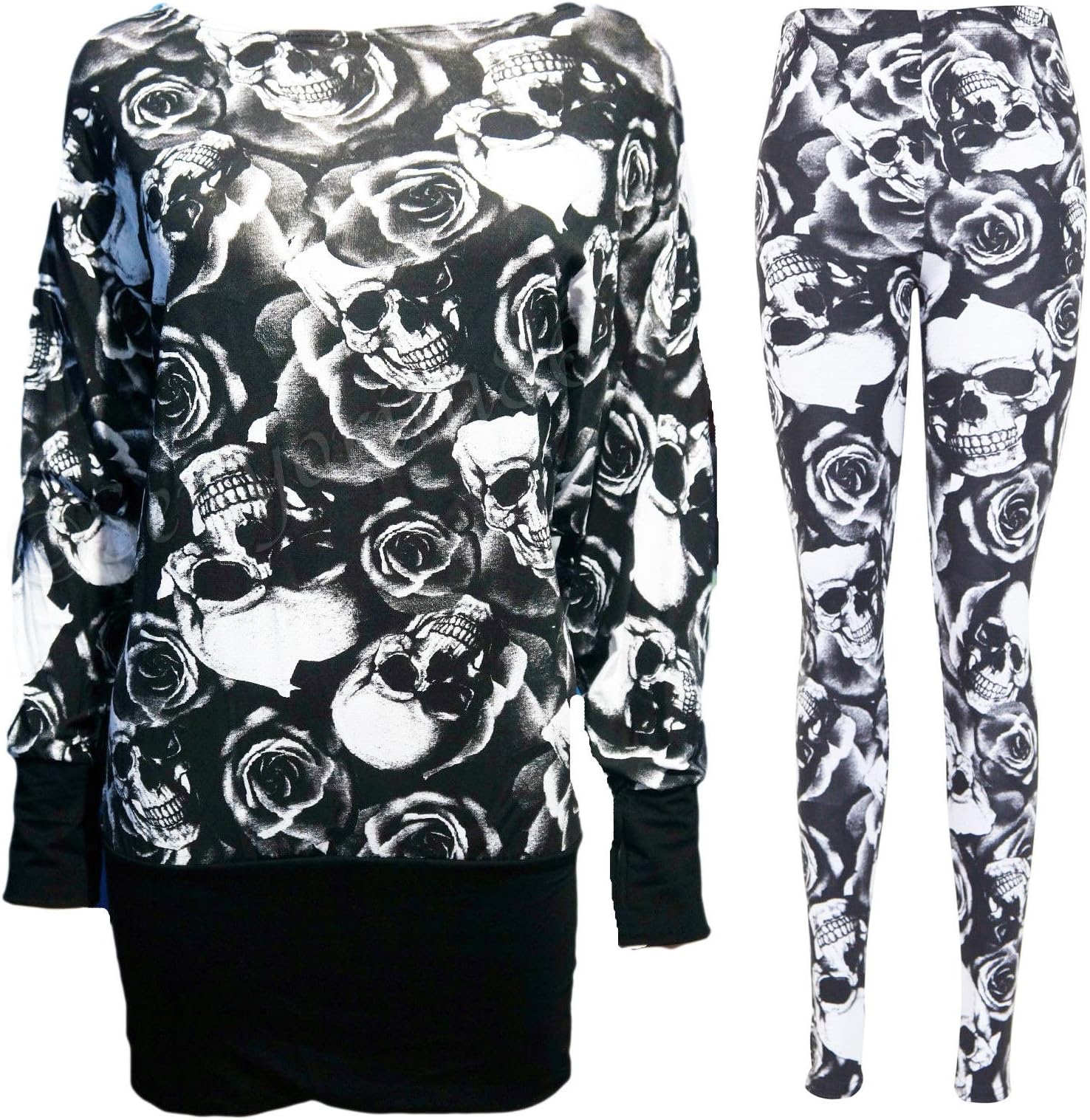 sreociLadies Alchemy Gothic Plus Size Women Batwing Skull Roses Baggy Top + Leggings