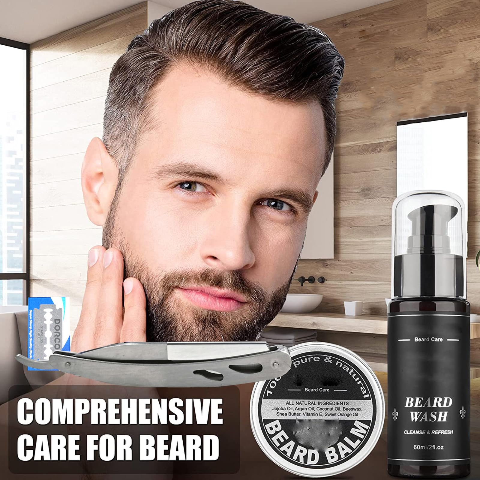 Kit Barba Hombre,Cuidado Barba Hombre con Aceite de Barba, Bálsamo de Barba,Peine de Barba y Tijera de Barba para Suaviza y Calma la Picazón,Kit de Barba Profesional Regalo para Papa, Novio, Marido
