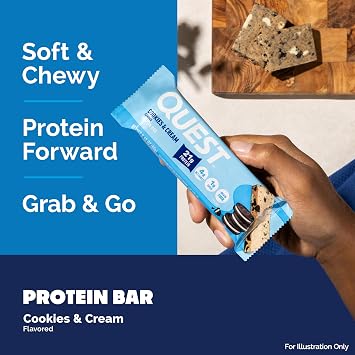 Quest Nutrition Protein Bar, Cookie & Cream, Protein 0.7 oz 21 g, 2.12 oz 60 g, Pack of 12