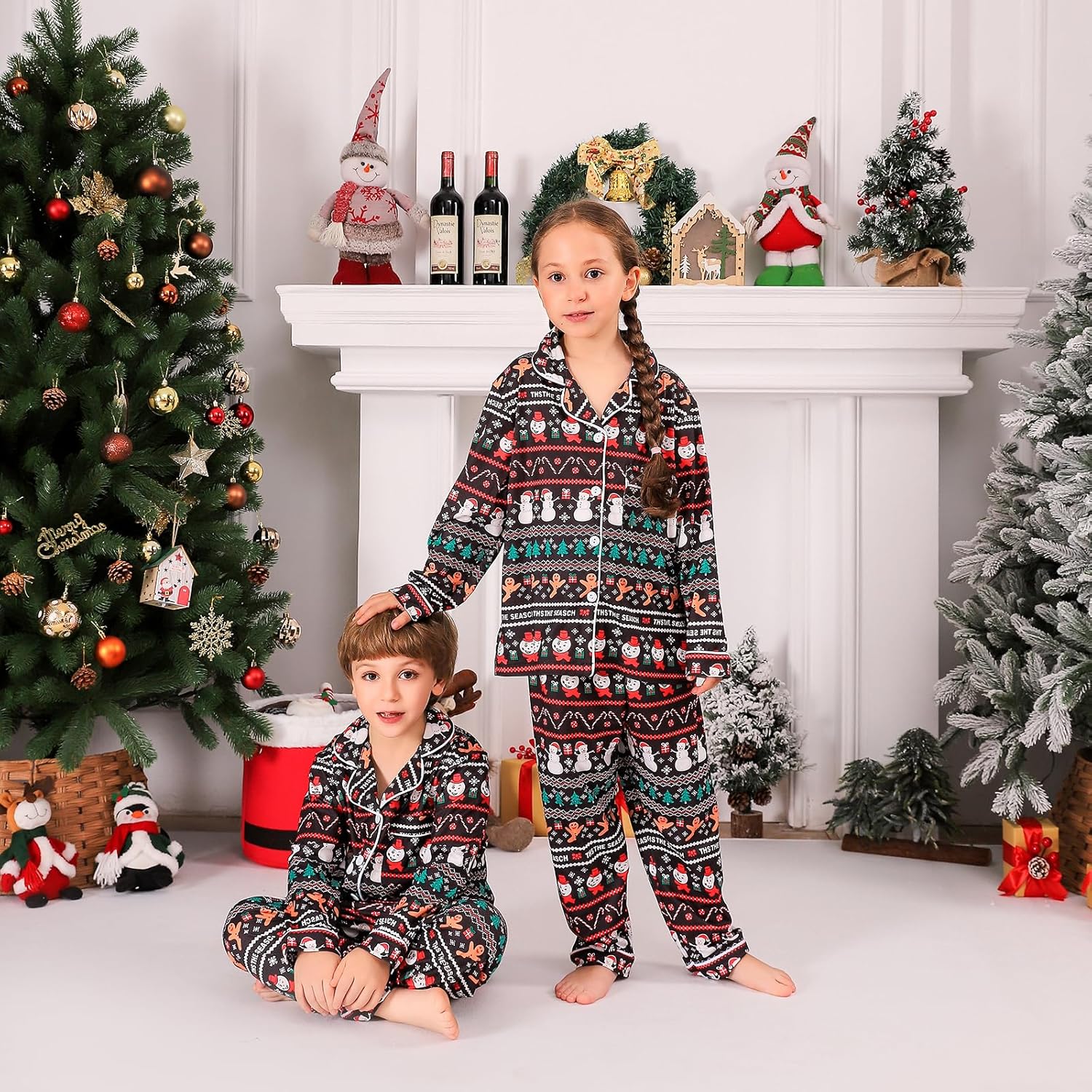 ANGELGGH Family Christmas PJs Matching Sets Long Sleeve Festival Party Pajamas Holiday Warm Sleepwear Couples Button Loungewear (Women, L, Black Striped Canes) - Image 2