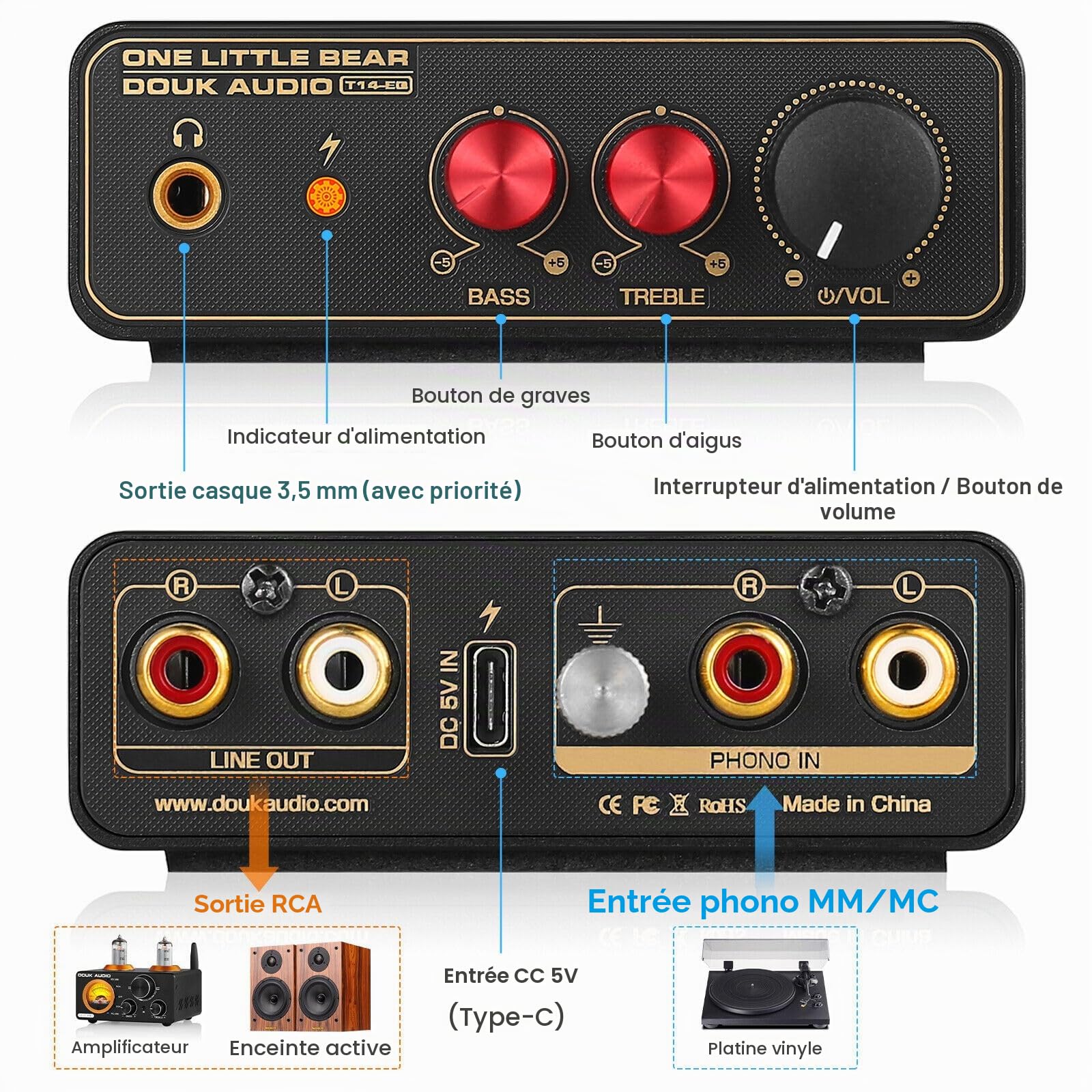 HiFi MM/MC RIAA Préamplificateur phono LP vinyle Turntable Preamp Mini amplificateur de casque (T14-EQ)