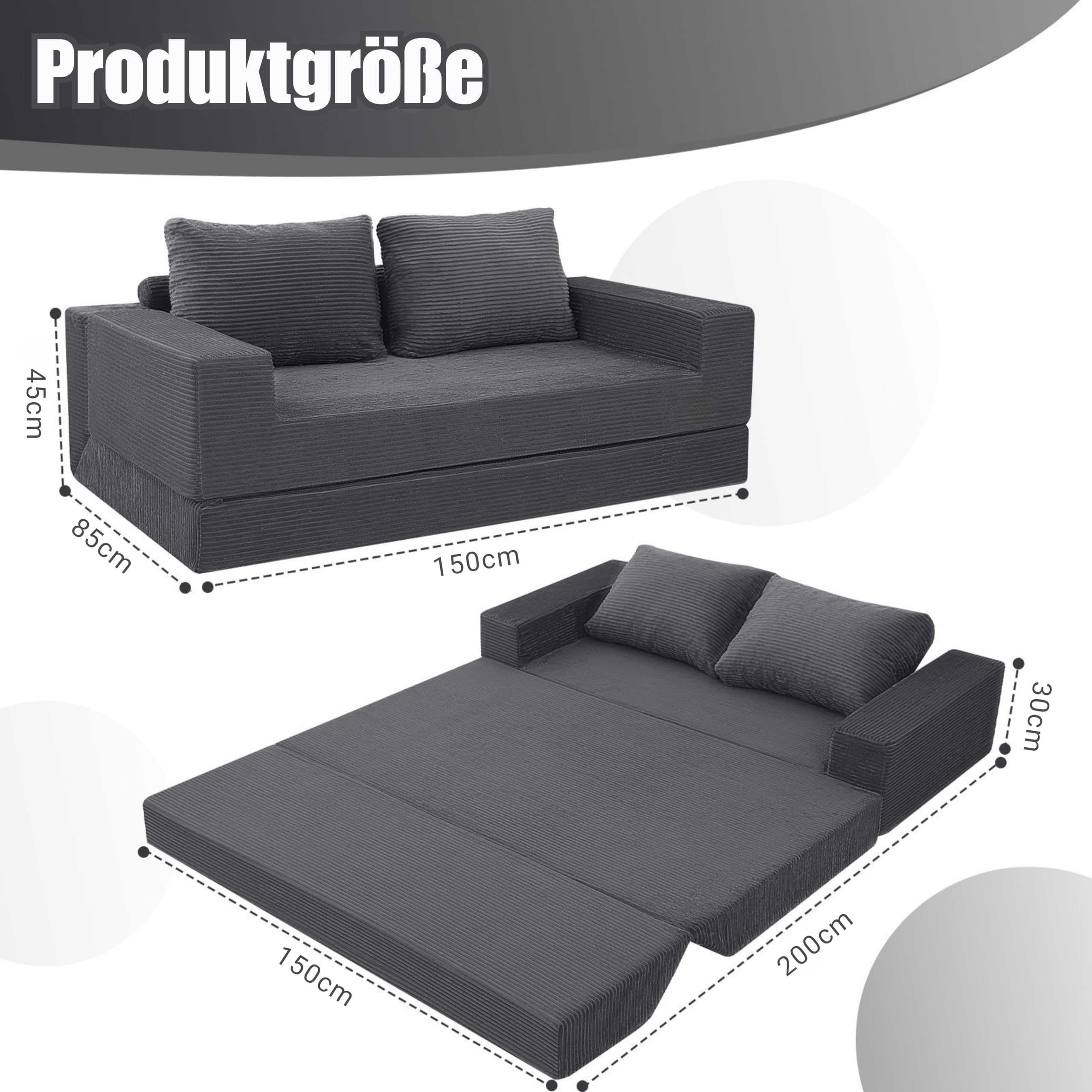 MeMoreCool Boneless Couch, Cord Faltbares Bodensofa mit Kissen, Ausziehbares Futon Schlafsofa, Bequemes Lounge-Sofa/Matratze/Gästebett für Wohnzimmer und Schlafzimmer, Grau
