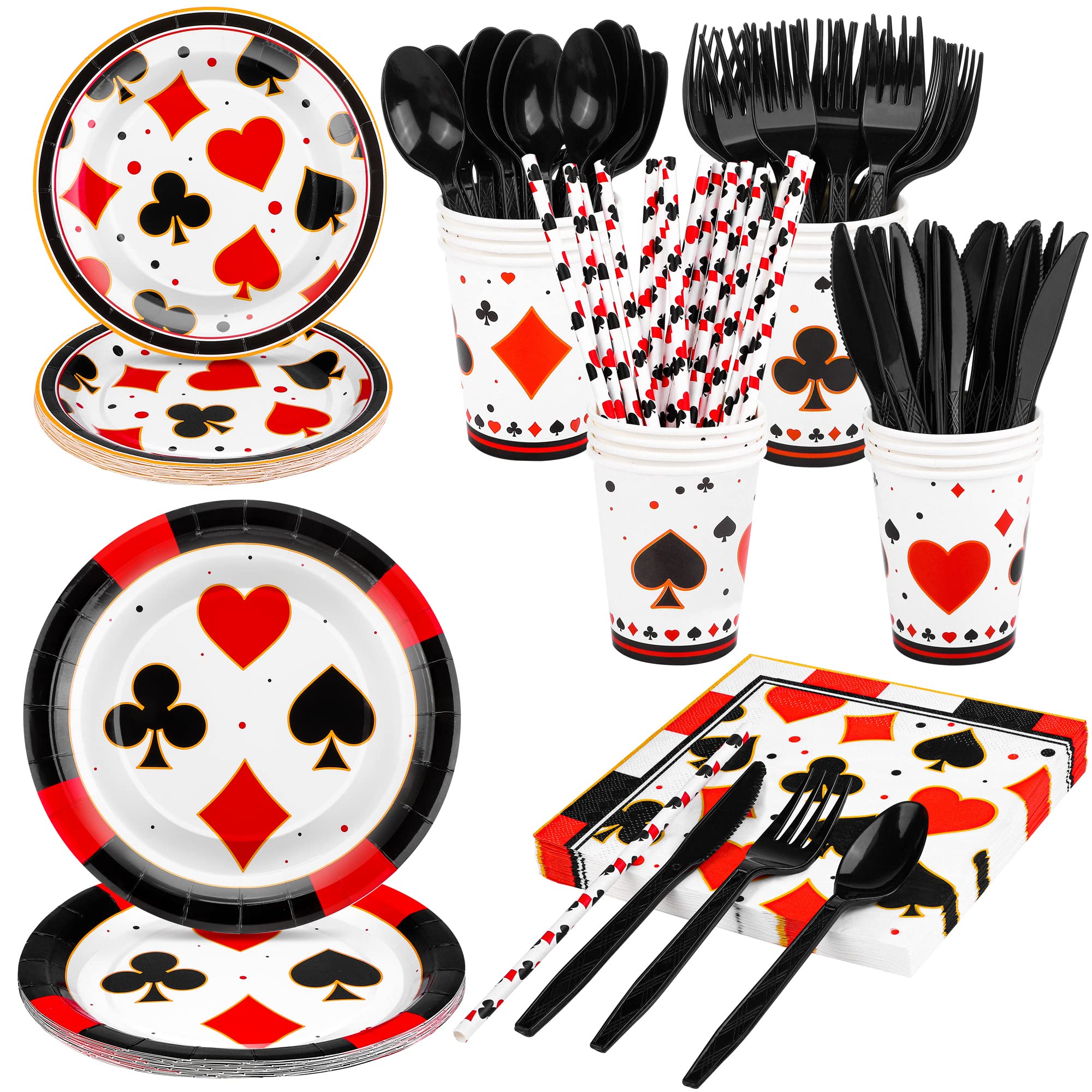 durony 147 Pieces Casino Theme Party Supplies Tableware Set, Includes Plates, Napkins, Cups, Staws, and Cutlery for Las Vegas Game Night Poker Theme Party Decorations Serves 16 Guests