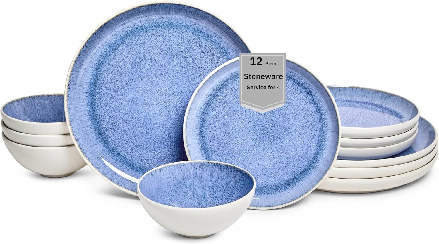 Sango 12-Piece Stoneware Dinnerware Set for 4, Light Blue Reactive Glaze on White Plates and Bowls Sets, Kitchen Ceramic Dish Set, Modern Dishes for Everyday Dining, Microwave & Dishwasher Safe, Cove