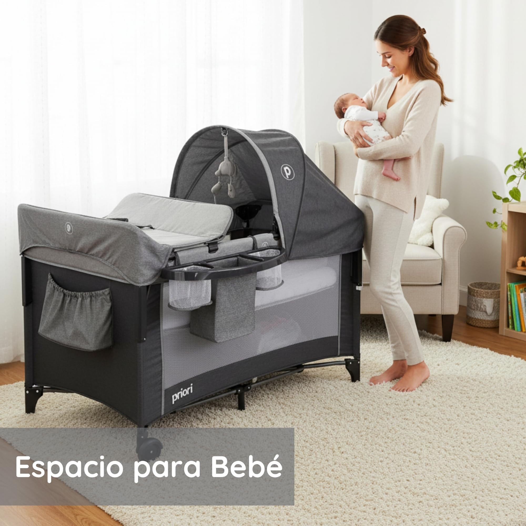 Priori Baby Halley Cuna Colecho Convertible 2 en 1 para Bebé – Portátil con Cambiador, Toldo y Juguetes, Regulable en Altura con Malla Transpirable Ruedas con Freno y Colchón Suave, Hasta 15 kg (Gris)