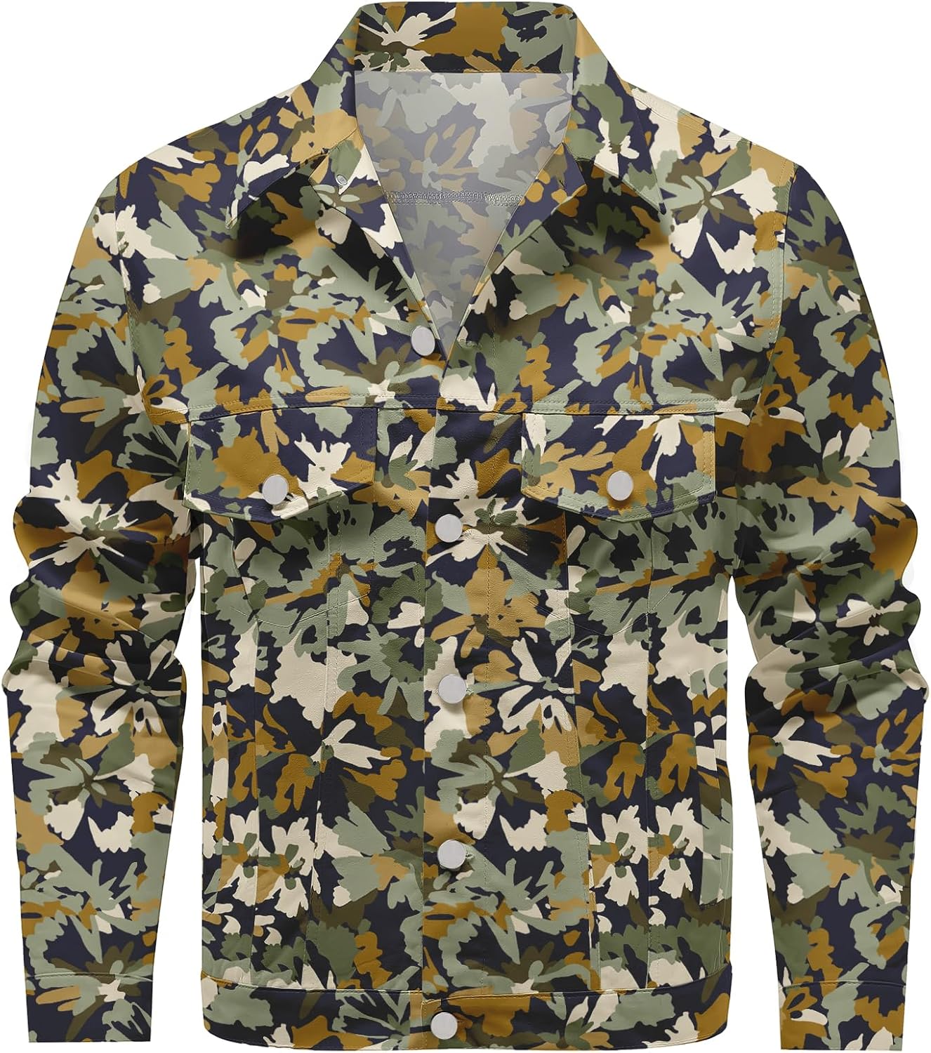 Mens Denim Jacket Long Sleeve Western Cowboy Cut Classic Floral Print Button Down Jean Jacket - Image 2