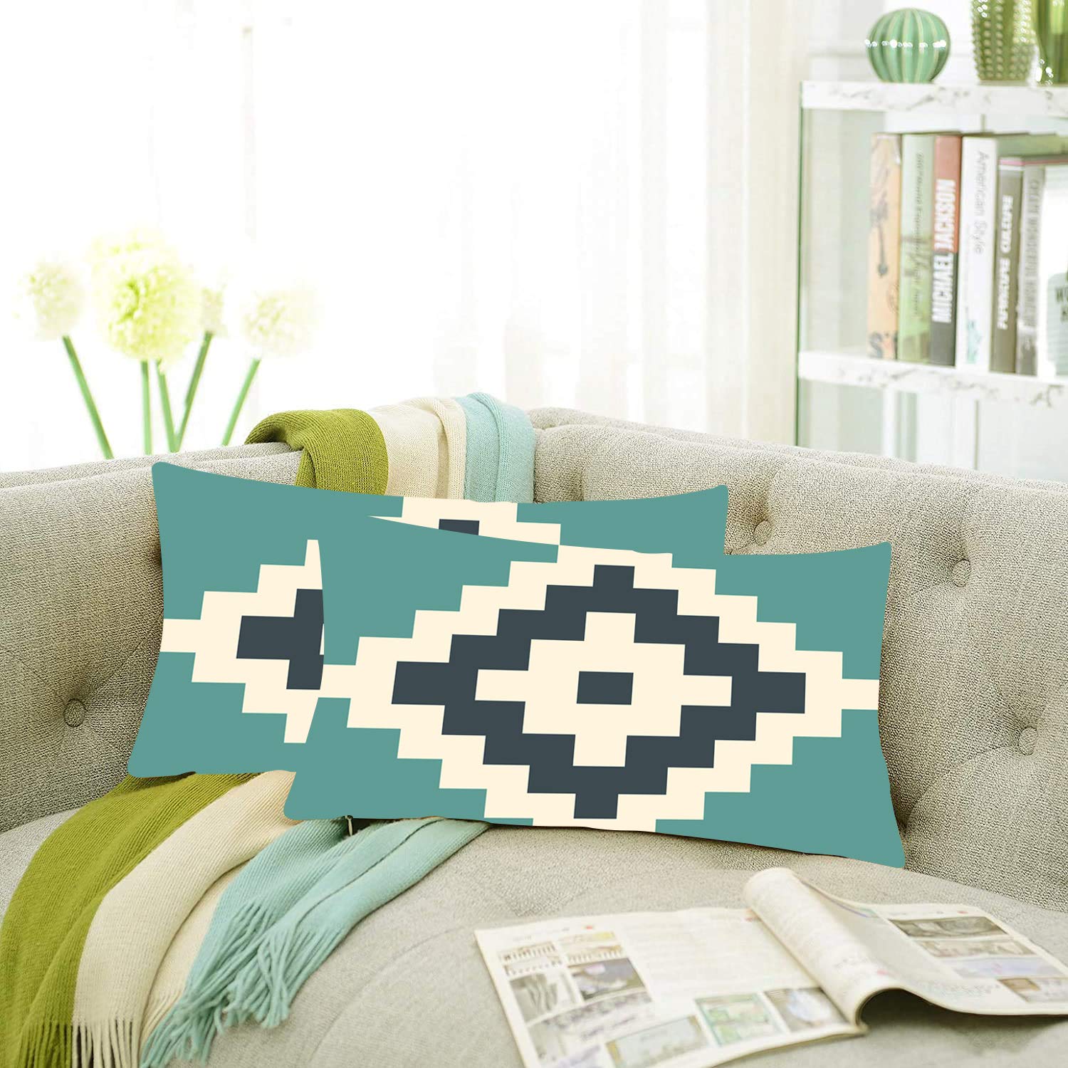 AEROHAVEN Set of 2 Designer Decorative Rectangular Printed Cushion Covers - SC06 - (12 x 18 Inches, Majestic Green)