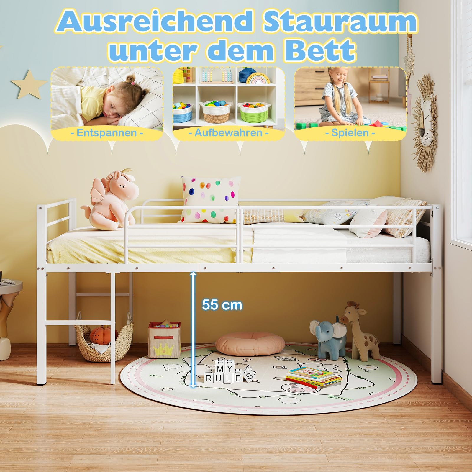 COSTWAY Hochbett 90x200 cm, Kinderbett mit Sicherheitsgeländern & 2 Leitern, Kinderhochbett platzsparend mit Stauraum unter dem Bett, Bettrahmen für Jungen & Mädchen (Weiß)