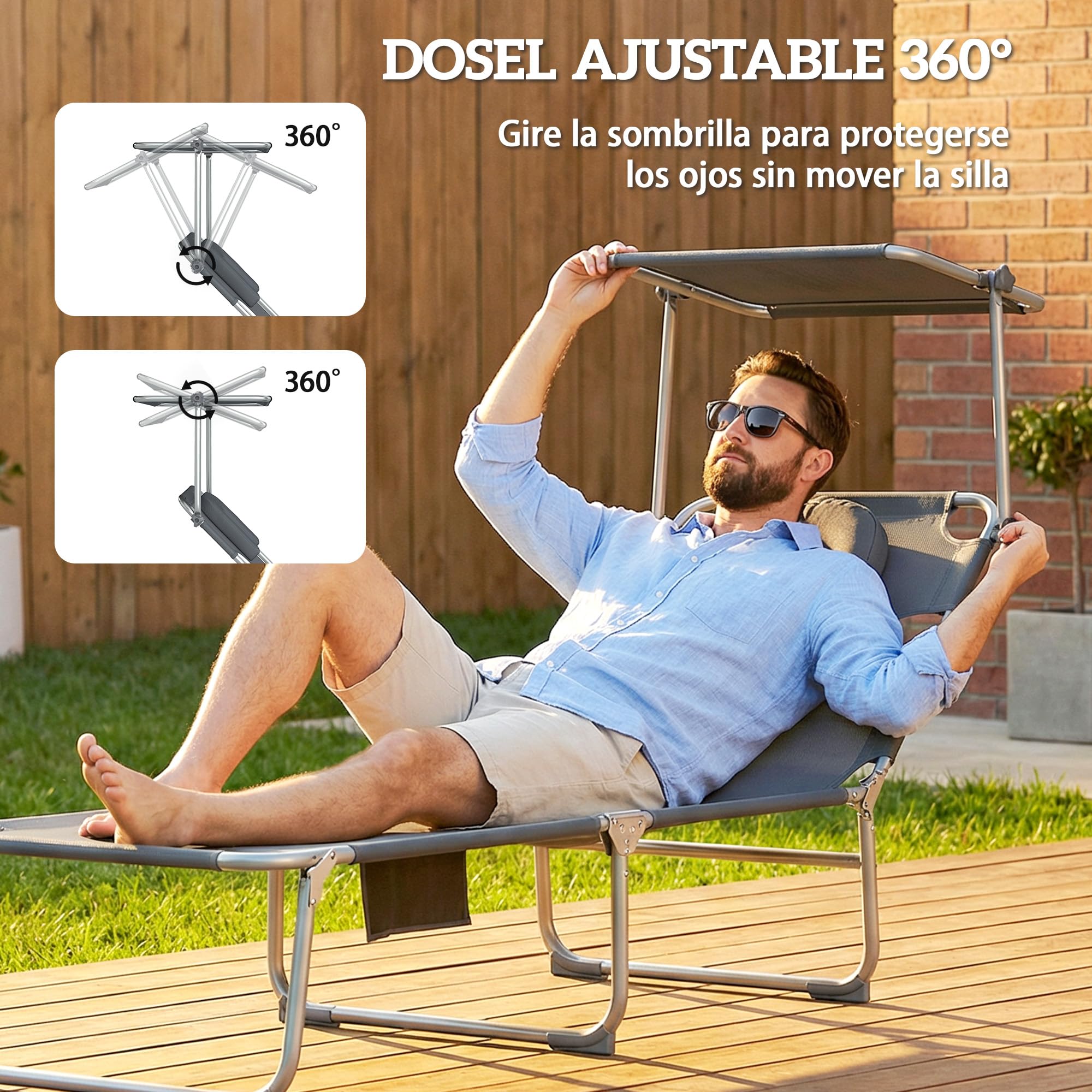Outsunny Set de 2 Tumbonas Jardín Exterior, Tumbonas Plegables con Reposacabezas, Dosel 360°, Orificio Facial, Bolsillo Lateral, Respaldo Reclinable 5 Posiciones y Textilene 550 g/m² para Playa, Gris — view 4