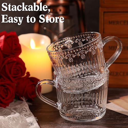 Miniatura 3 de Nuenen 4 juegos de tazas de café vintage con tapas y cucharas de bambú de 13.5 onzas, tazas de té en relieve, vasos transparentes, cristalería